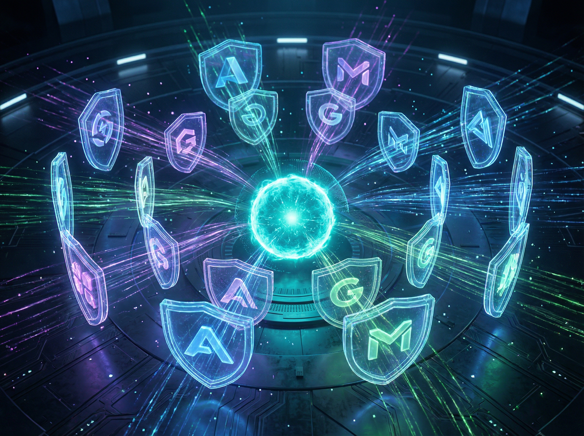 Holographic shields in an arena converging toward a central teal point of light, representing industry competition