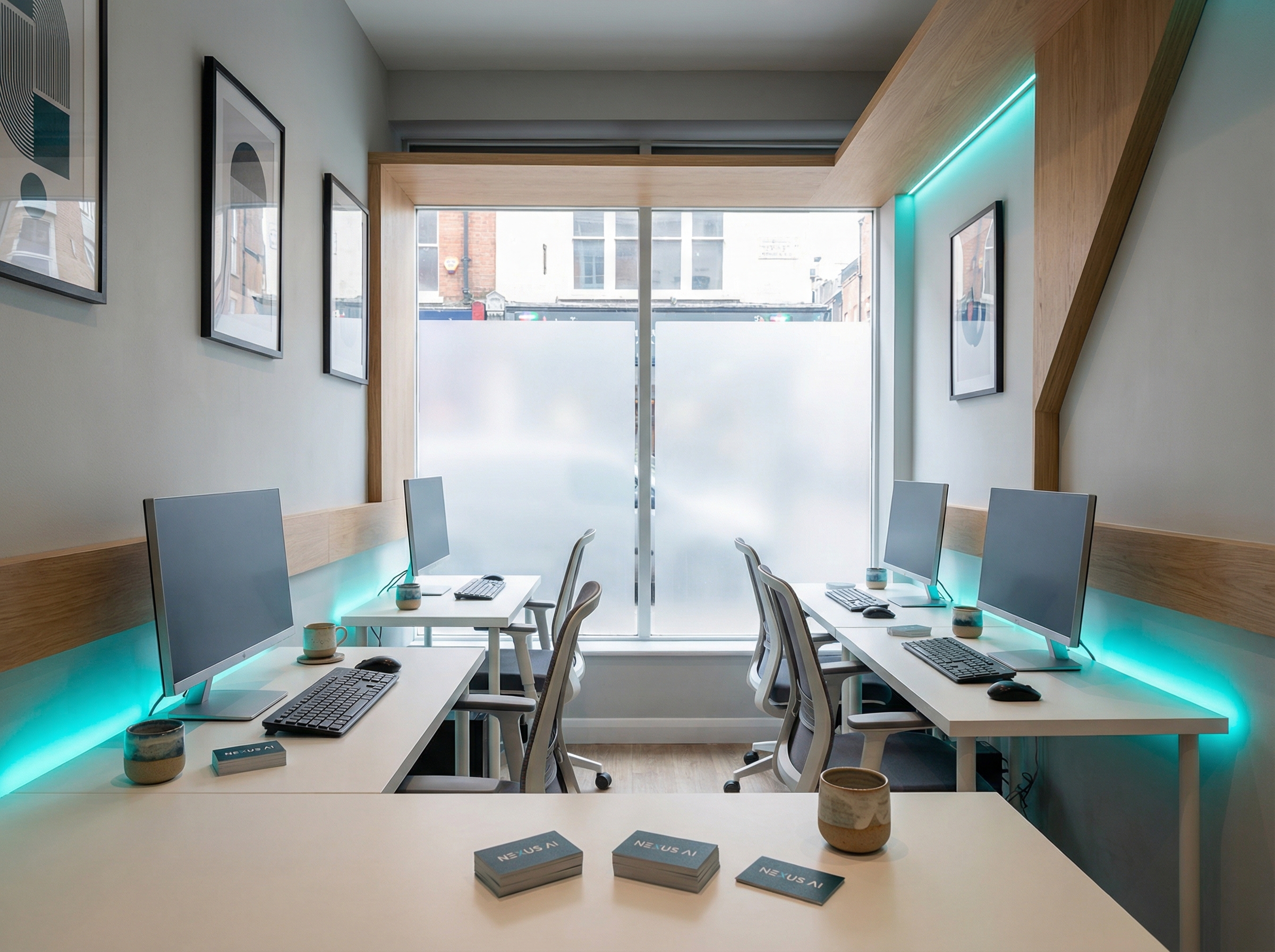 Small modern office with multiple compact AI workstations, warm teal accent lighting