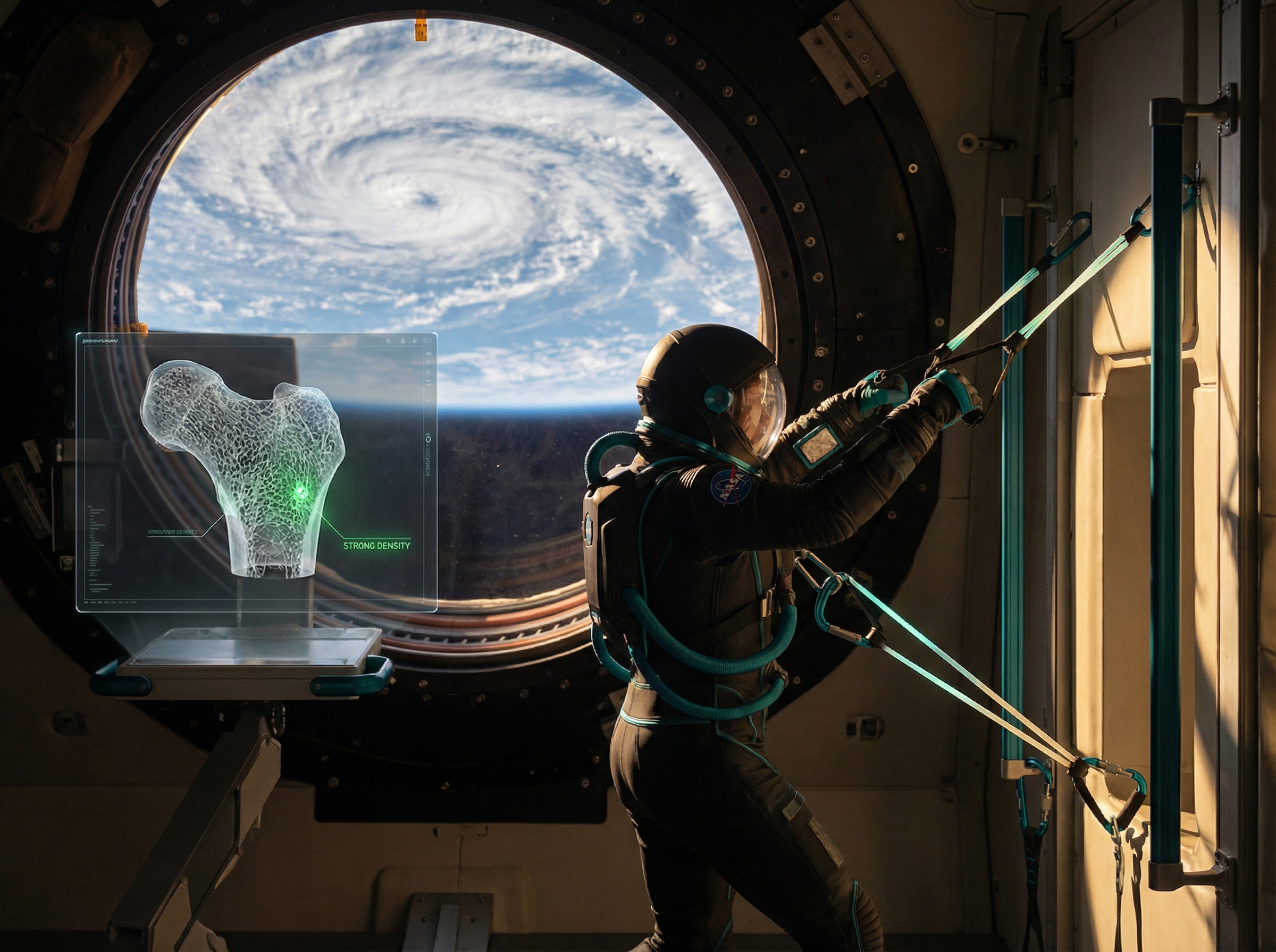 X-ray image with AI neural network overlays highlighting bone density patterns