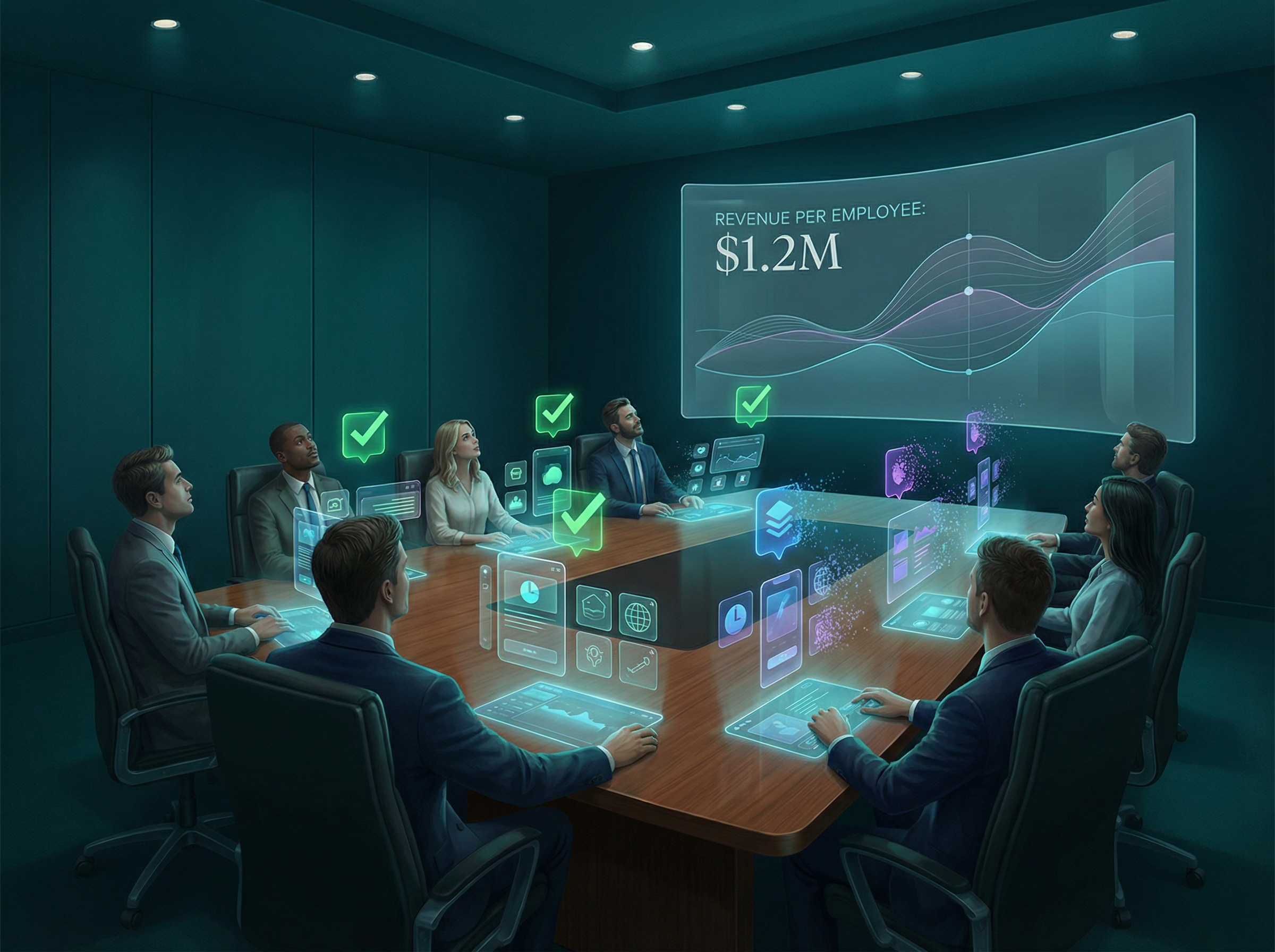 Developer workstation with AI assistant orb and flowing code