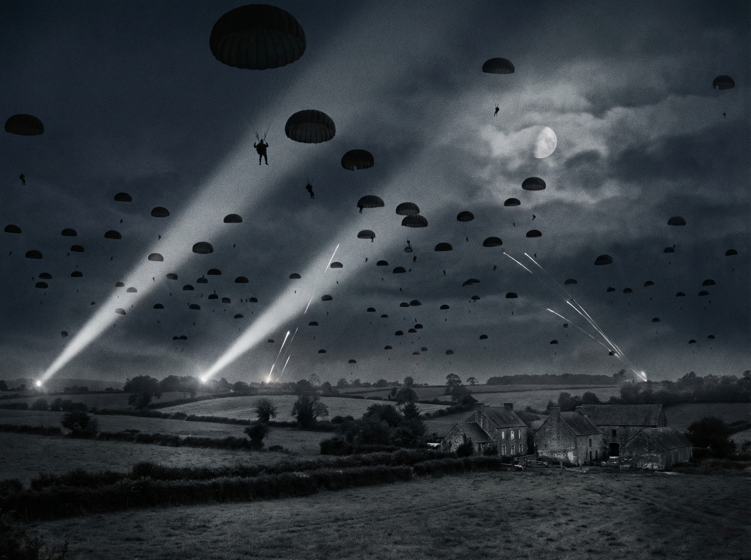 Night sky over Normandy filled with hundreds of descending parachutes