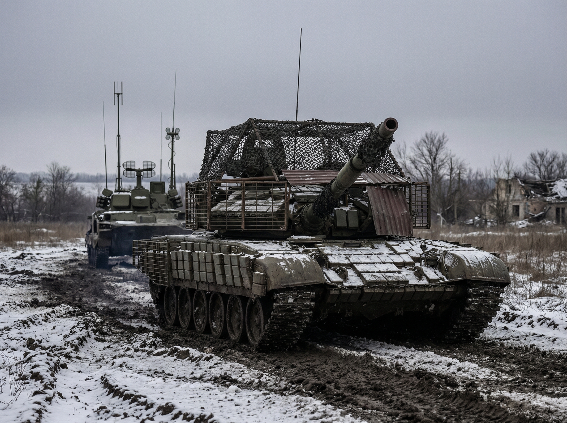Armored vehicle firing a mortar round with dramatic muzzle flash and smoke, British Army setting at dawn