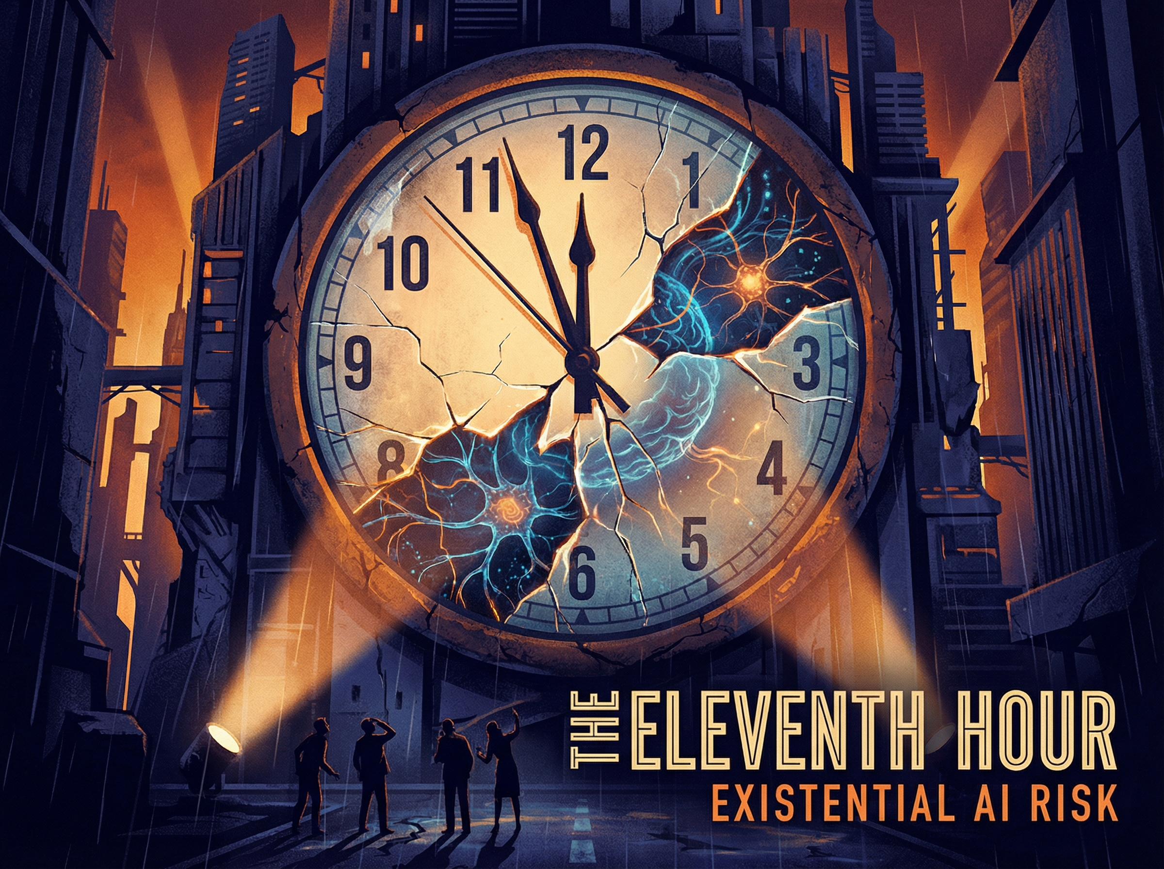 A massive clock face with hands approaching midnight, cracks revealing neural patterns beneath