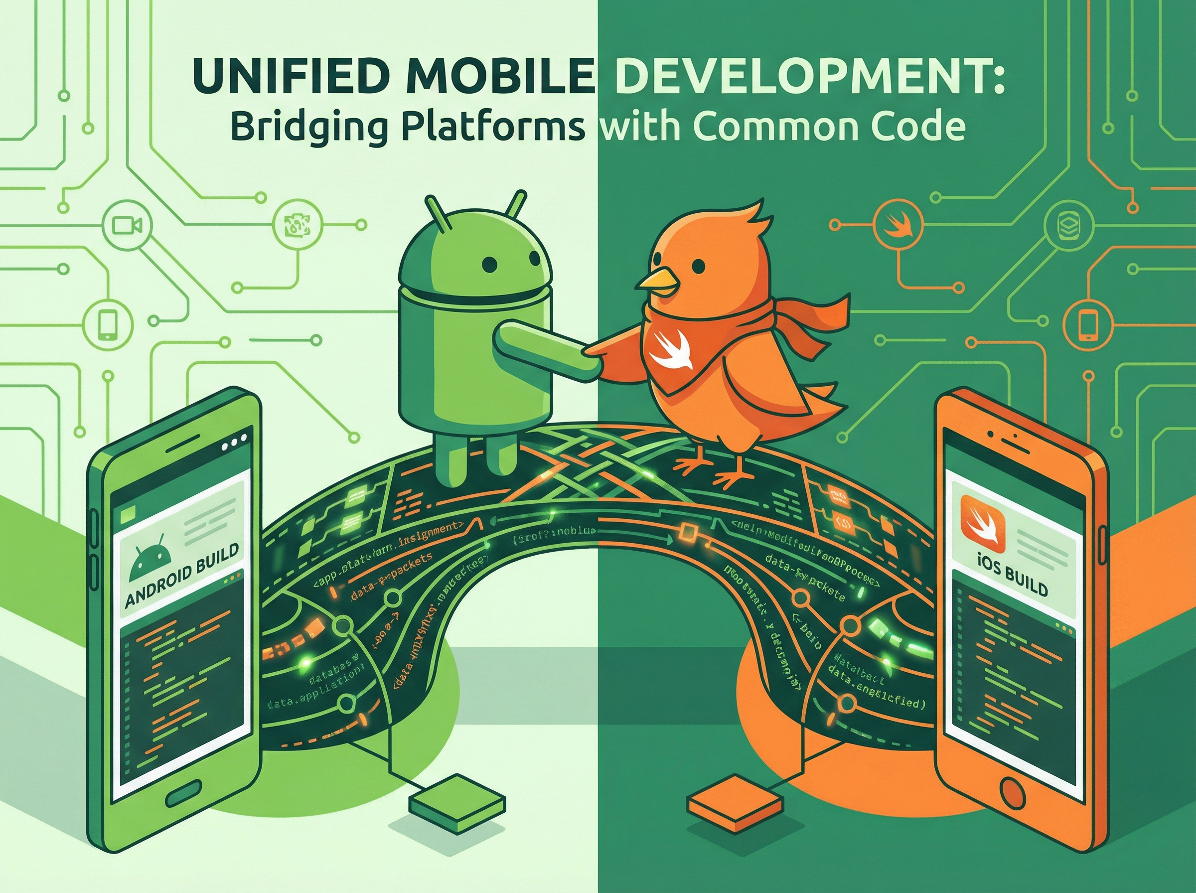 Android robot and Swift bird across a bridge of code, unified mobile development