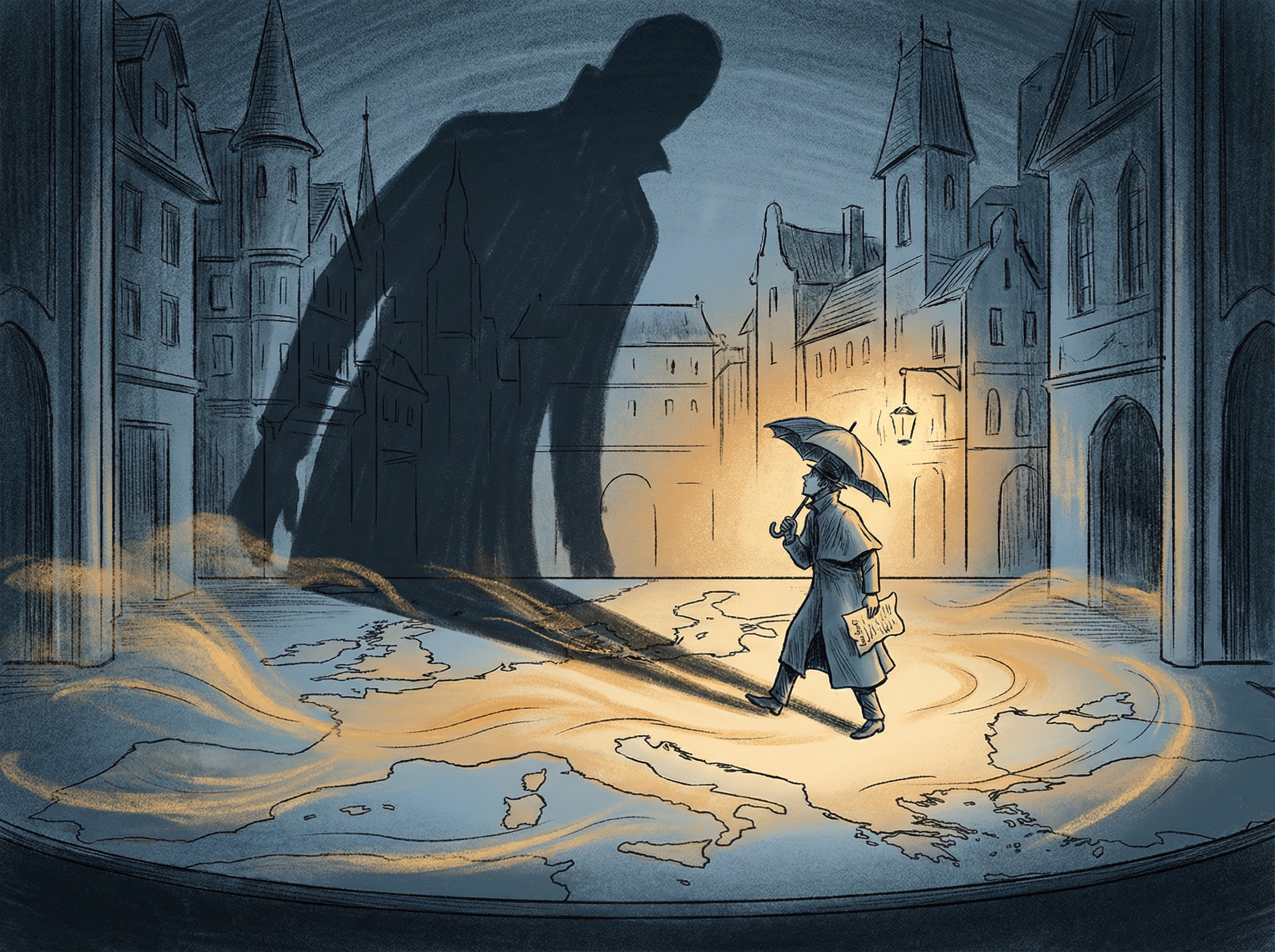 A lone figure with an umbrella and a paper stands before an enormous looming shadow, with a map of Europe shifting beneath their feet