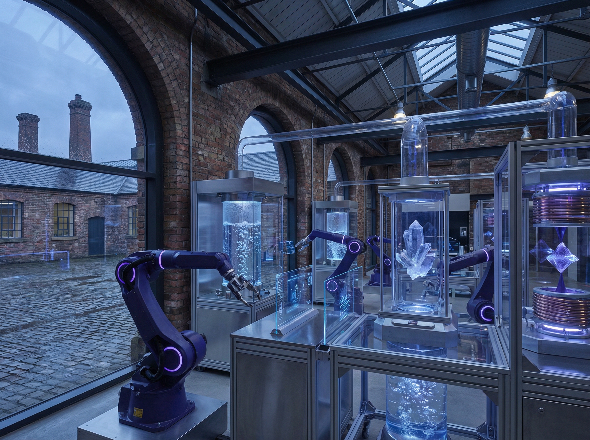 Futuristic autonomous laboratory with robotic arms and glowing superconductors