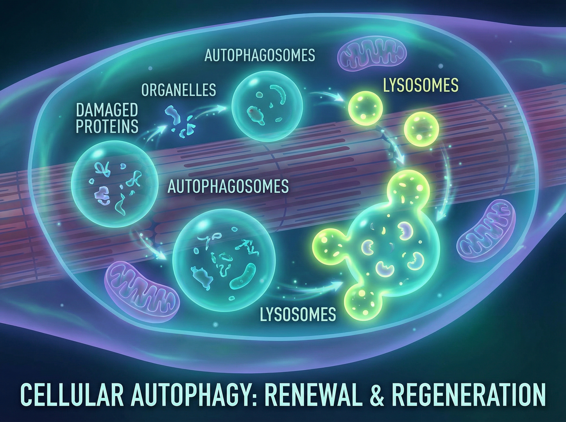 Cellular autophagy process with lysosomes and autophagosomes