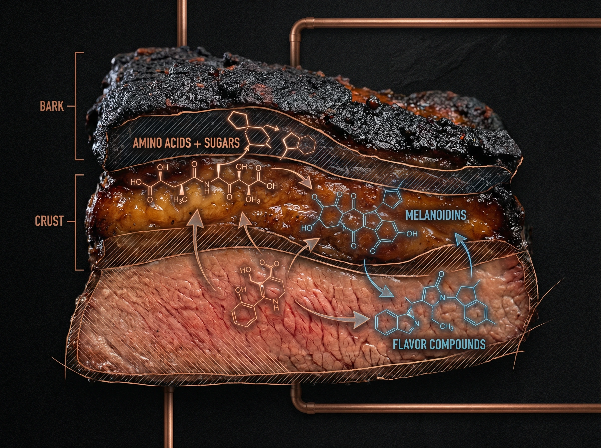 Cross-section visualization of meat showing bark layers with molecular diagram overlay