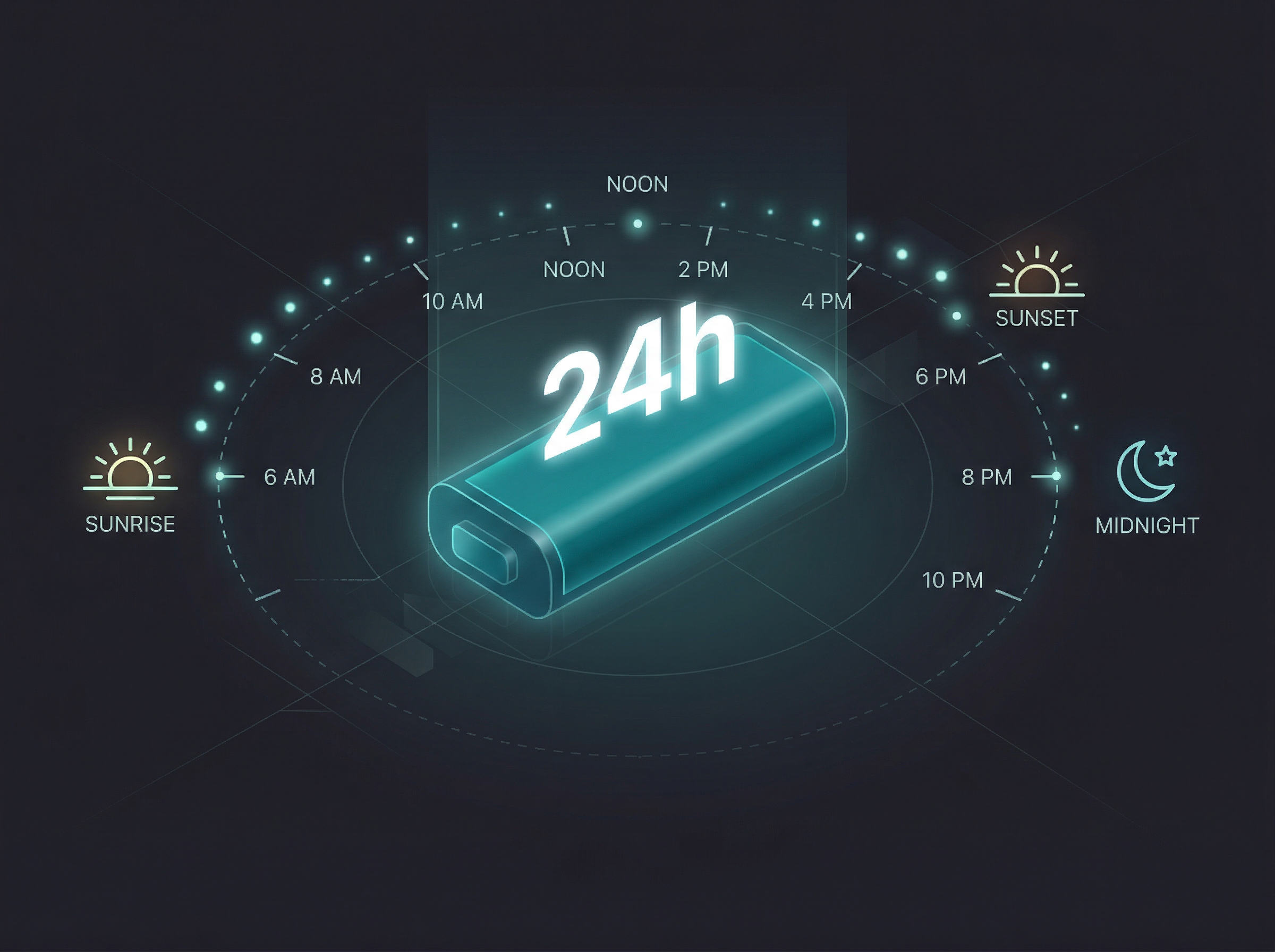 Sleek battery visualization with 24h holographic display surrounded by day-to-night timeline markers
