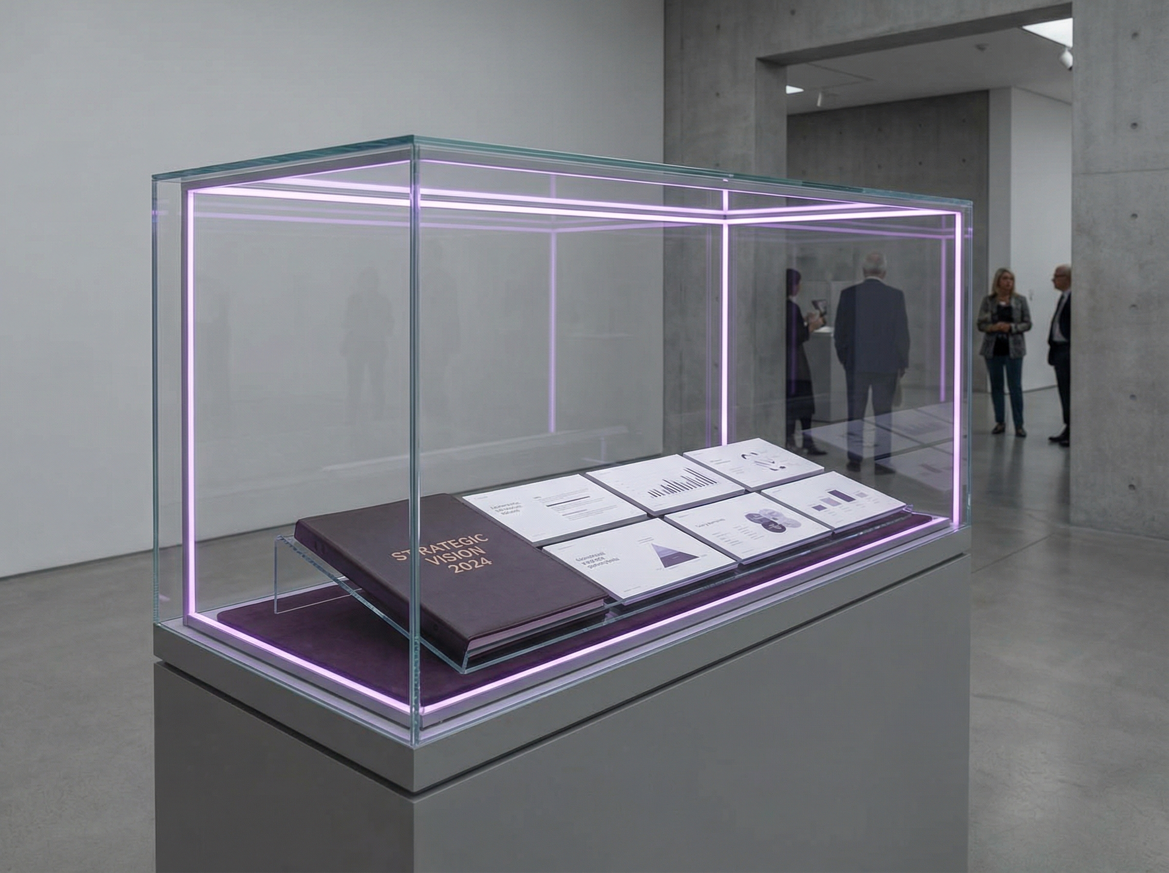 A pristine corporate presentation encased in a glass display case with violet guardrails of light