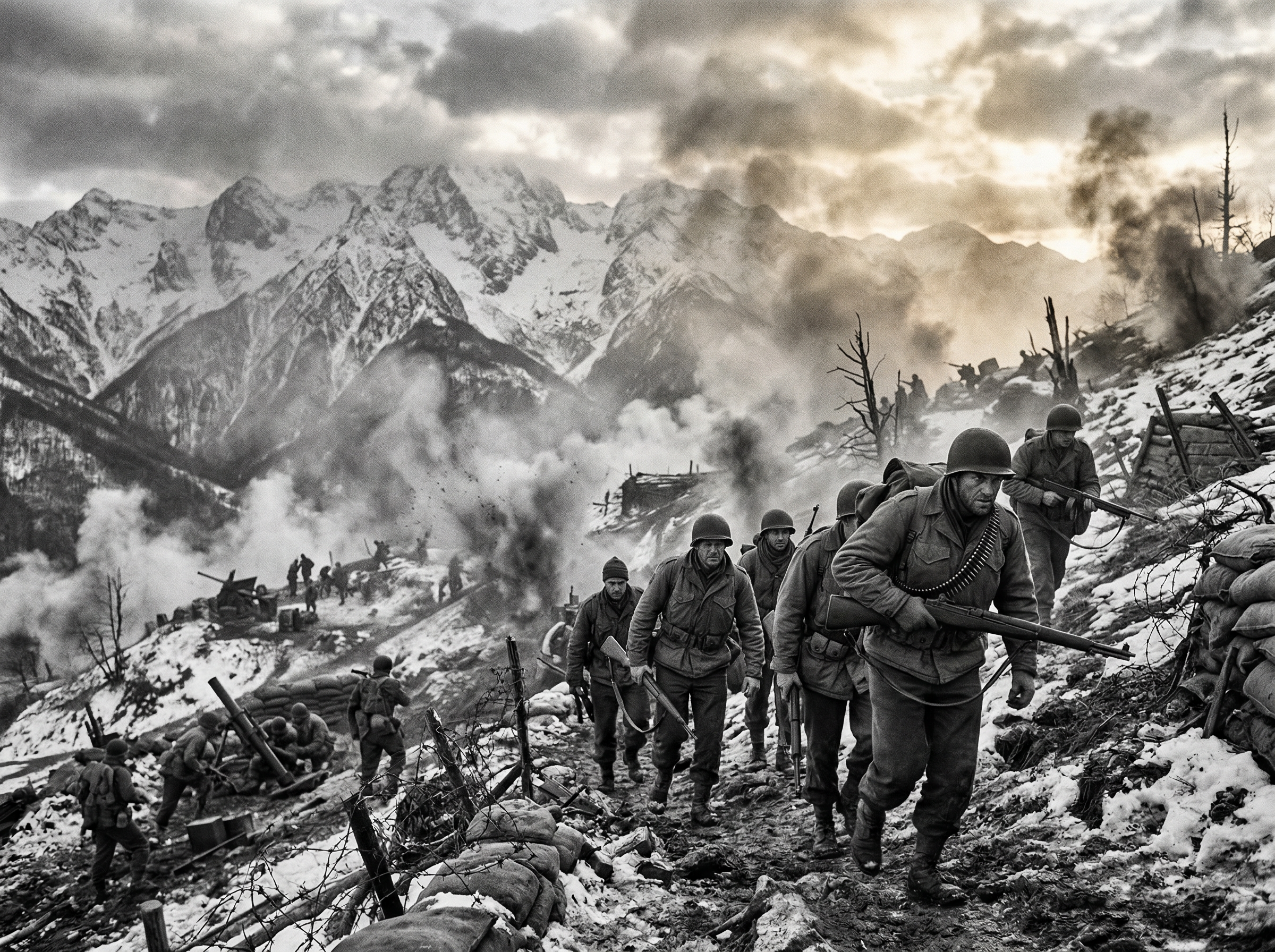 WWII battle scene on Mount Belvedere, soldiers advancing uphill through artillery smoke in the Italian Apennines