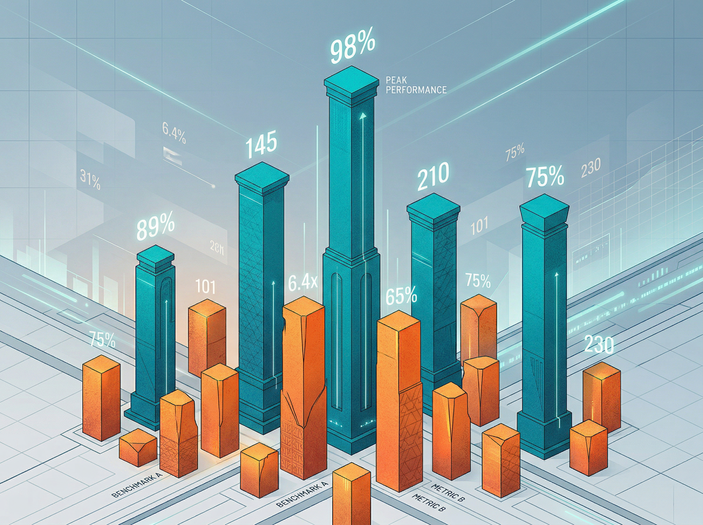 Abstract visualization of performance metrics as architectural columns of varying heights, representing benchmark comparisons