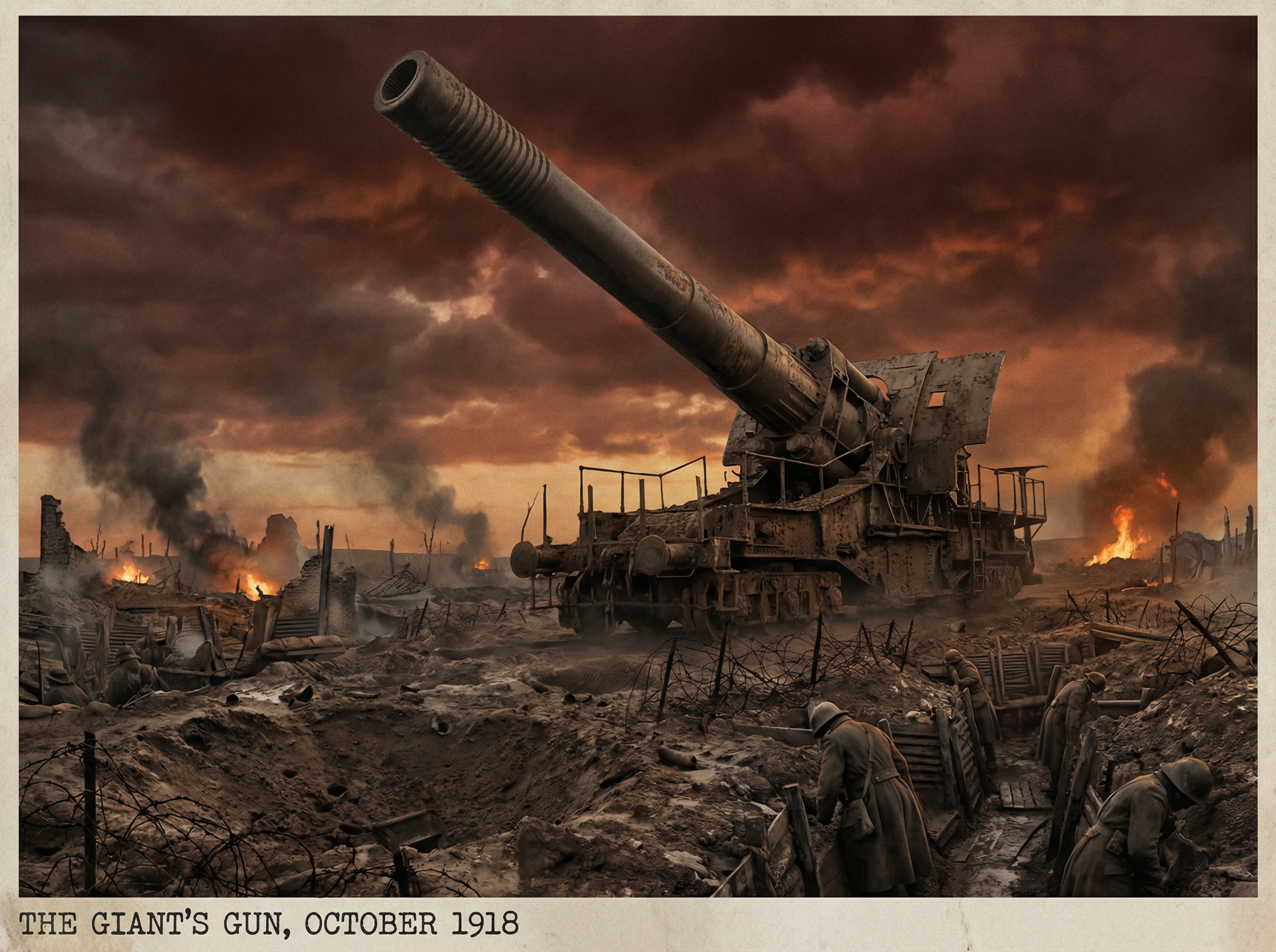 A massive 420mm artillery howitzer on a World War I battlefield with an ominous red-amber sky