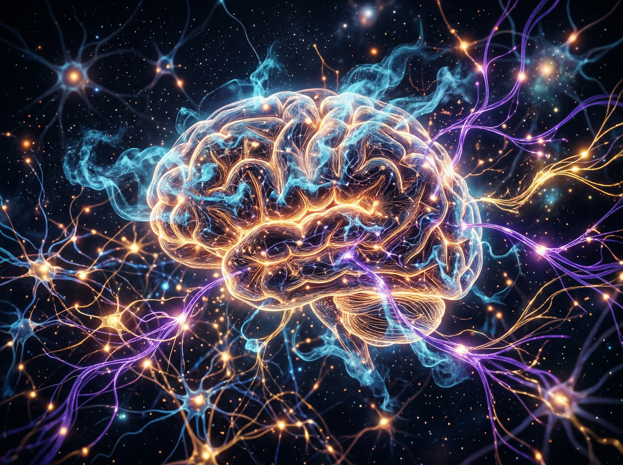 Abstract visualization of neural pathways reorganizing in a brain, with dissolving old connections and forming new ones in violet and gold