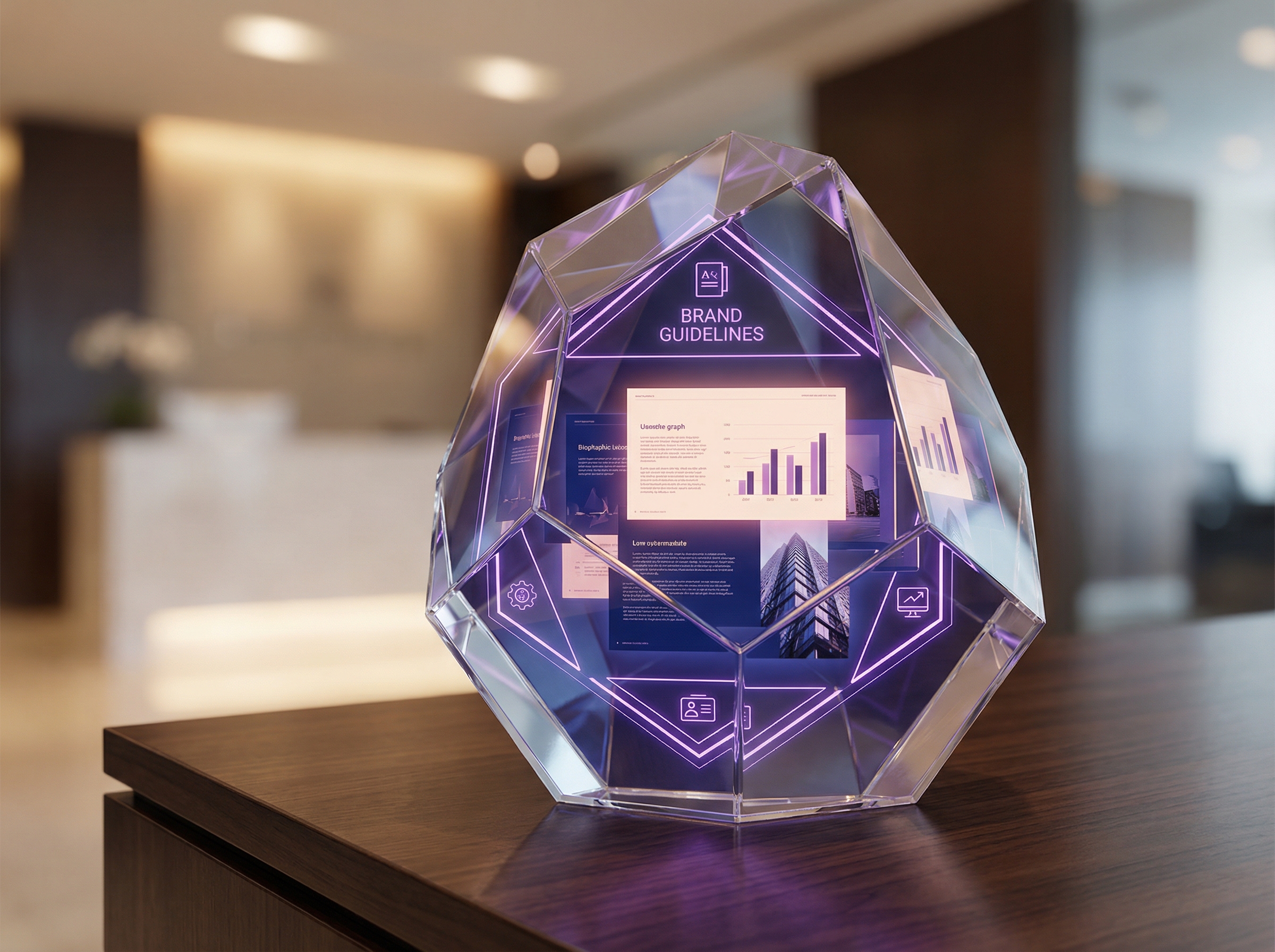 Corporate presentation locked inside crystal framework with brand guideline guardrails