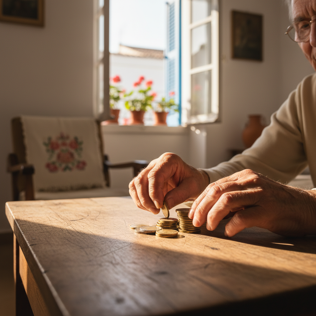 Elderly couple's hands counting coins on rustic table with Mediterranean apartment visible