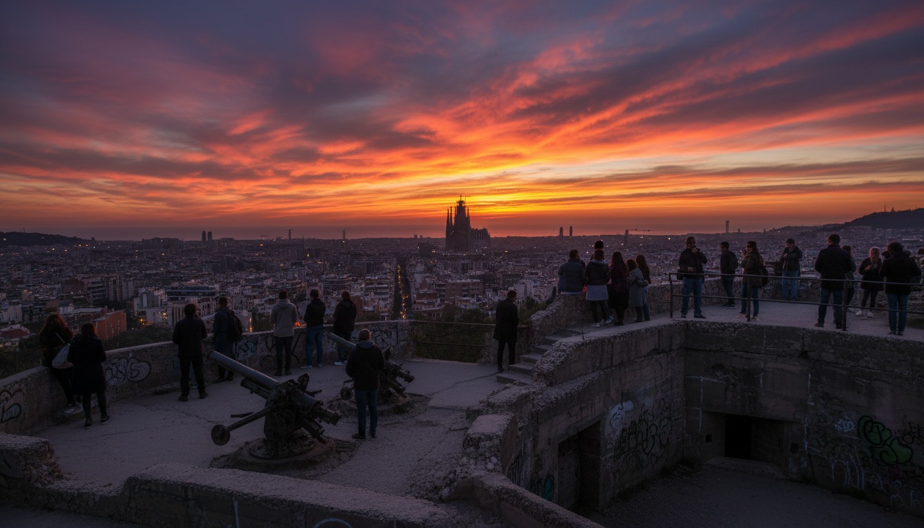 Panoramic sunset view from Bunkers del Carmel with silhouettes of people on old concrete fortifications overlooking Barcelona