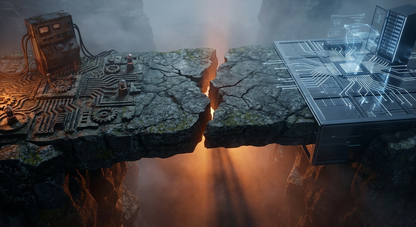 A cracked bridge between two platforms symbolizing the C89 to C99 gap