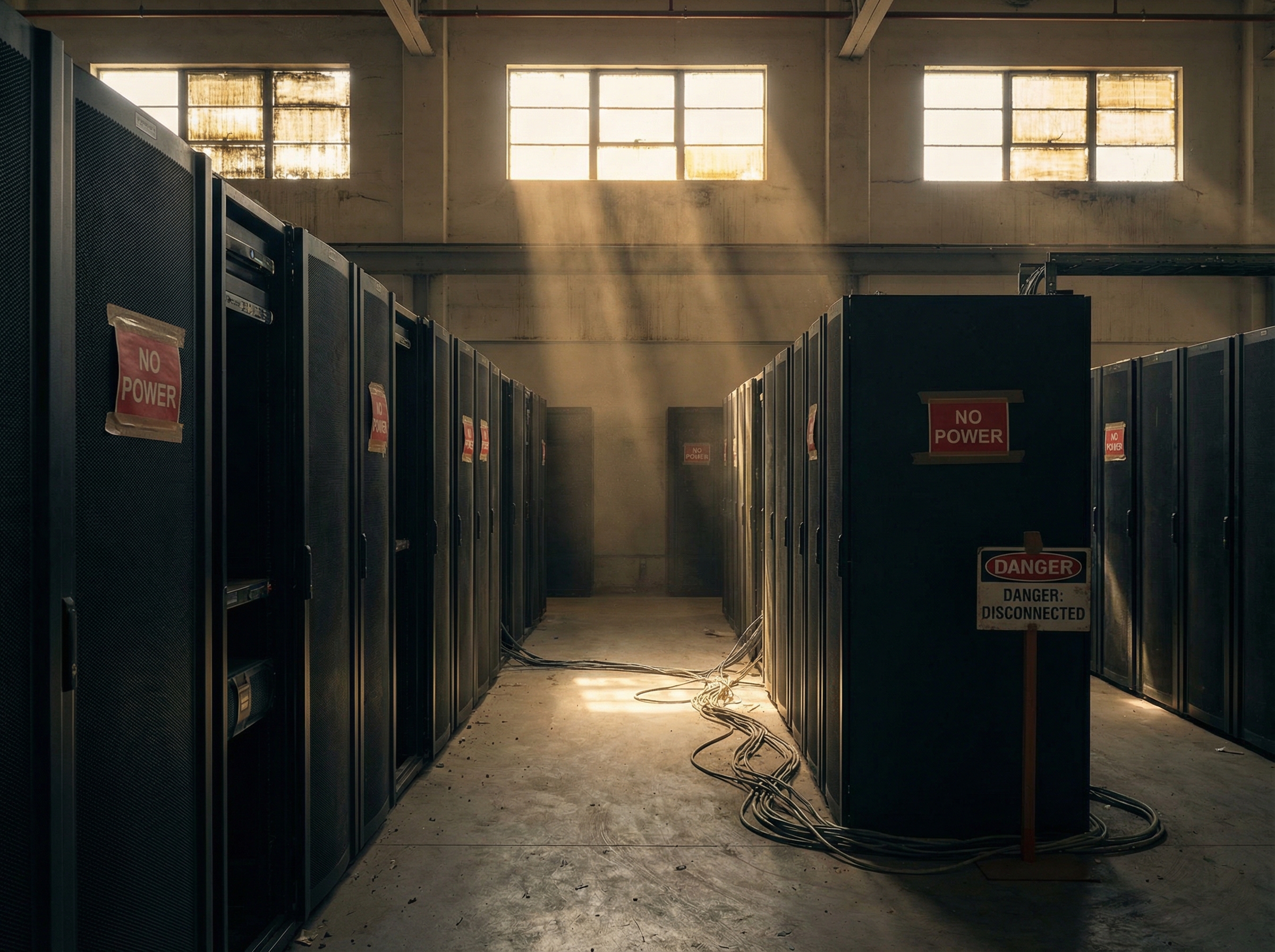 Empty dark data center hall with NO POWER warning signs