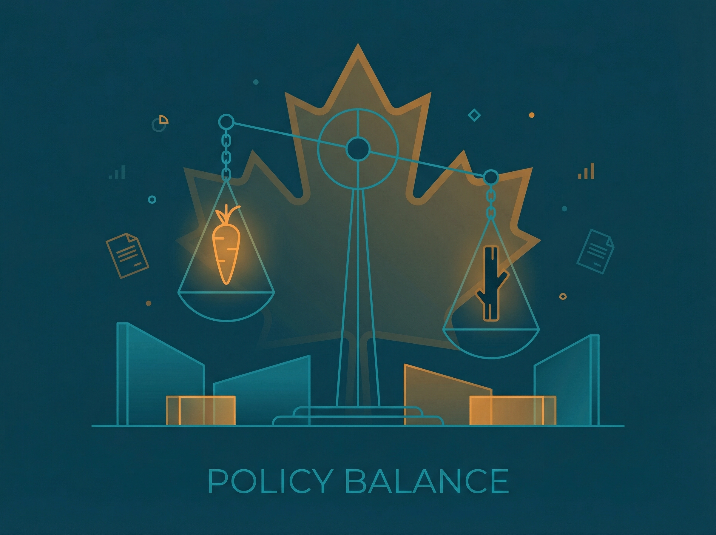 Abstract policy balance scale with incentives and mandates, Canadian maple leaf watermark