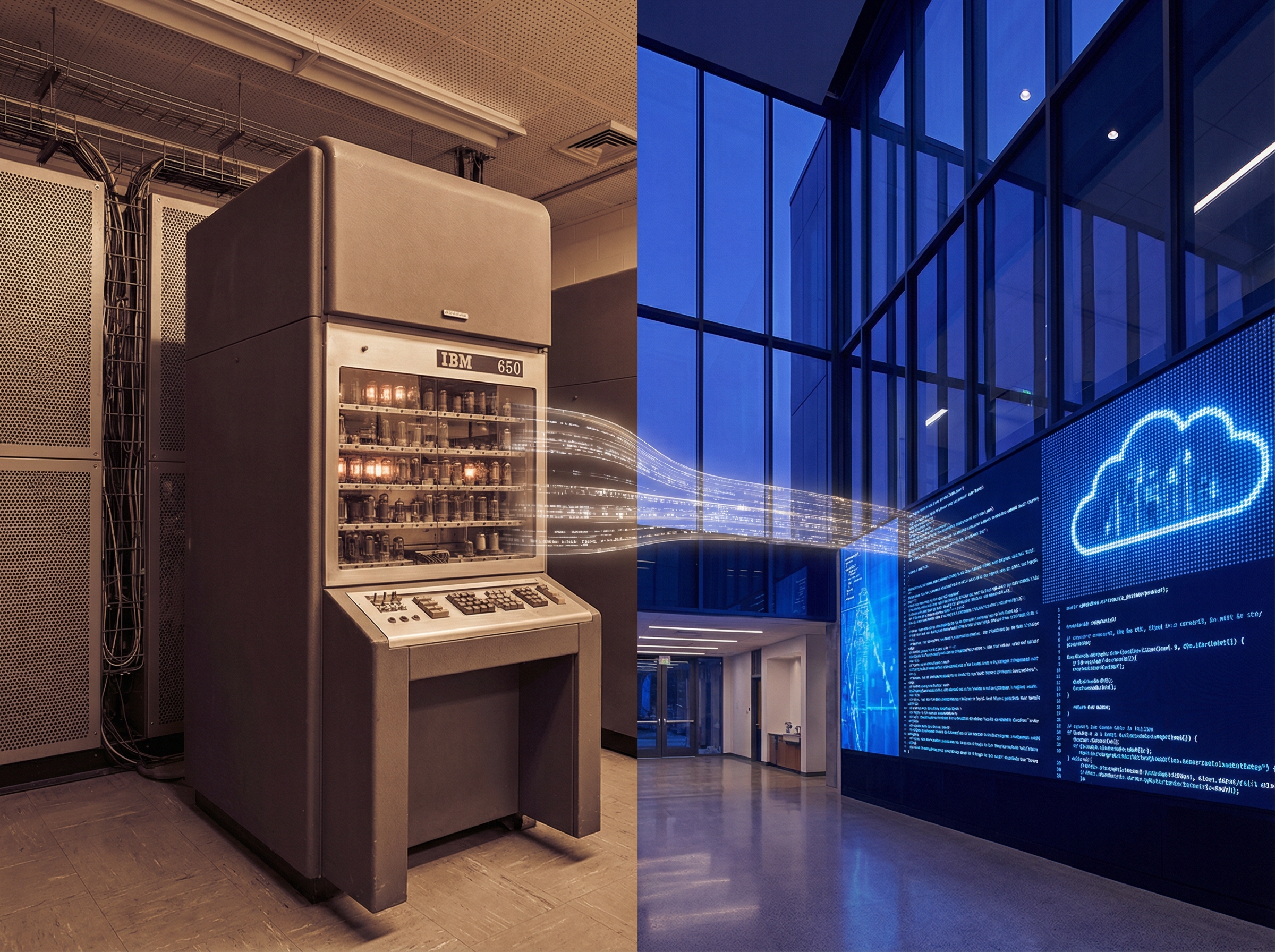 IBM 650 vacuum tubes glowing warm orange transitioning into a modern university building with glass walls