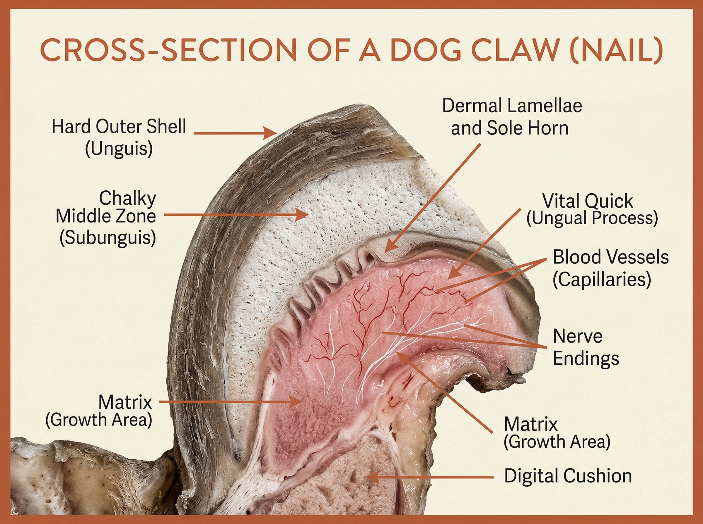 Macro cross-section of a dog nail showing the chalky ring and quick anatomy