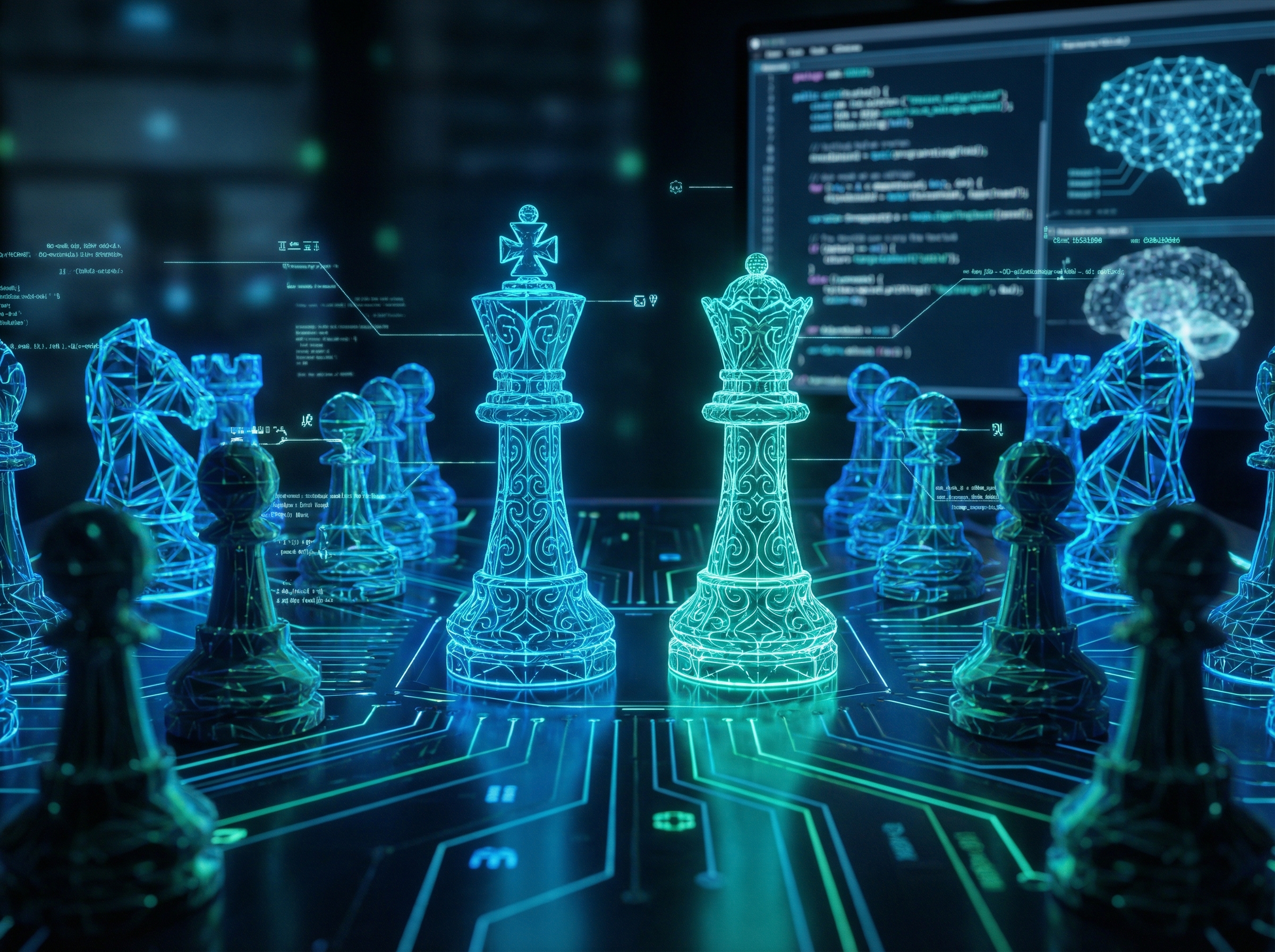 Stylized chess pieces on circuit board representing algorithmic thinking