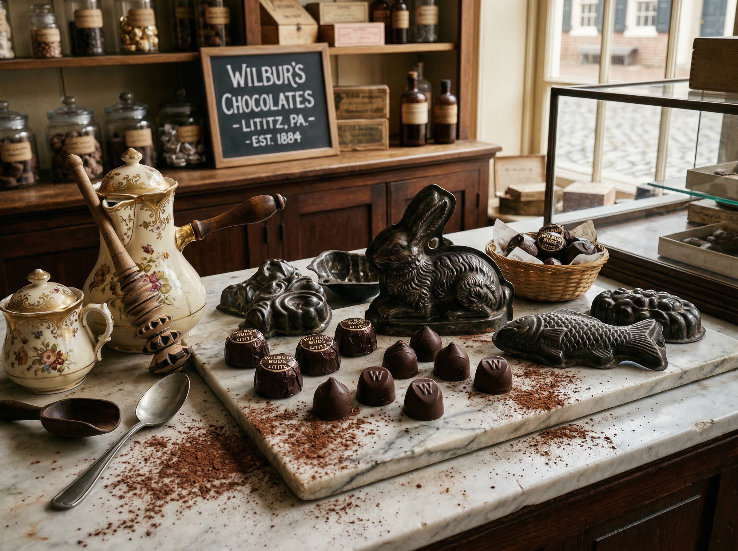 Elegant antique chocolate molds and rich dark Wilbur Buds on a marble counter in a vintage confectionery