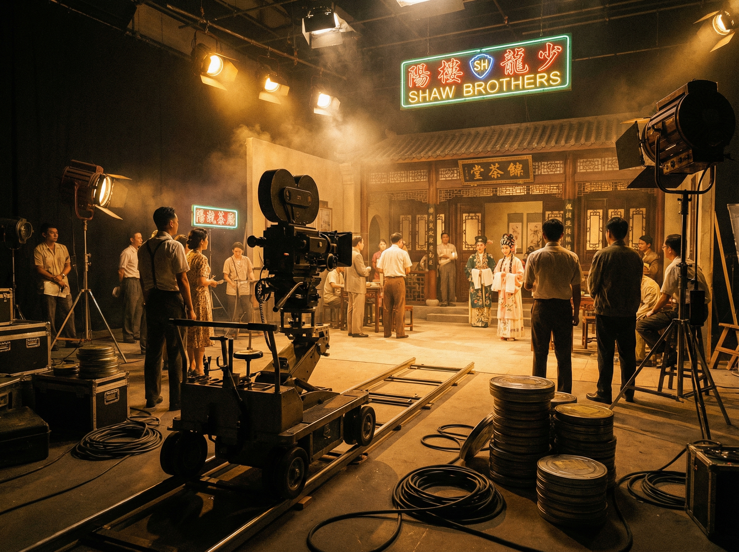Golden age Hong Kong cinema set with vintage movie camera and dramatic film noir lighting