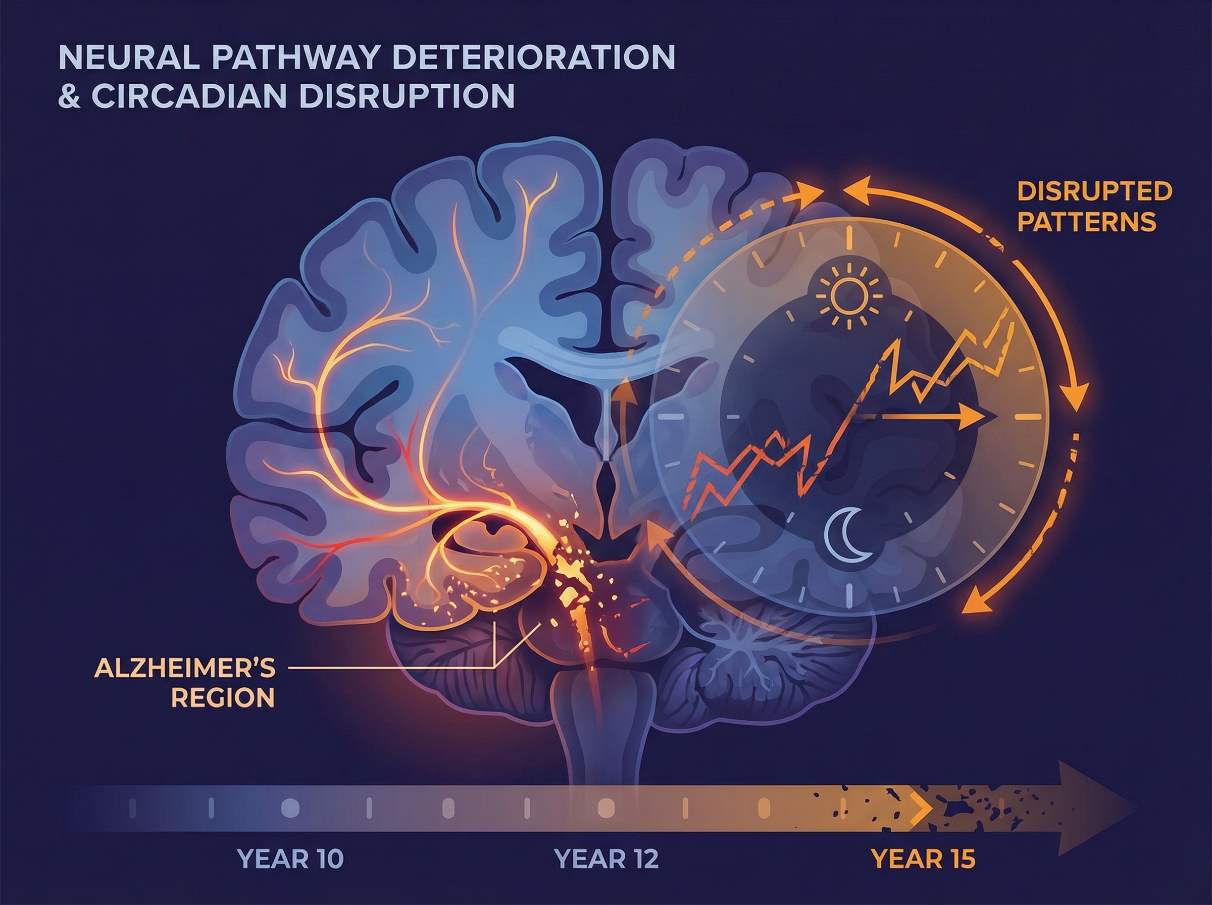 Human brain cross-section with circadian rhythm clock overlay showing disrupted patterns
