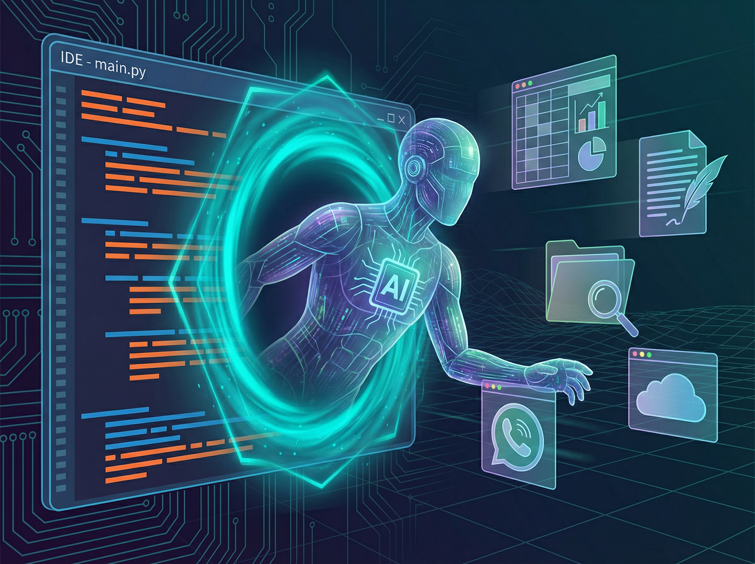 An AI assistant stepping out of a code editor into a wider digital workspace