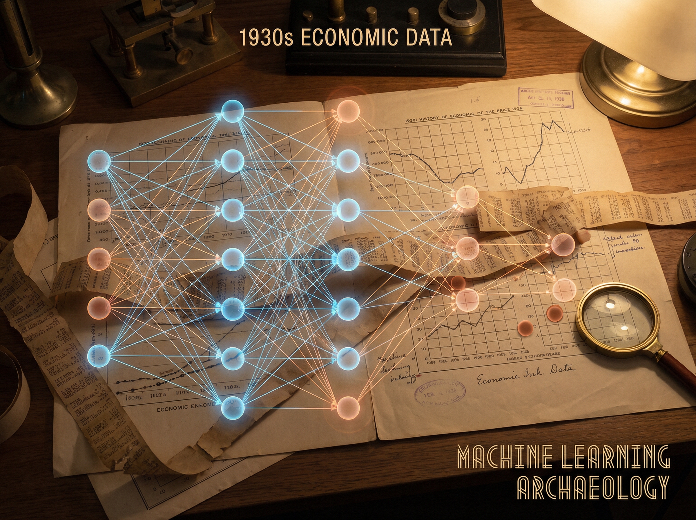 Neural network diagram overlaid on vintage economic data