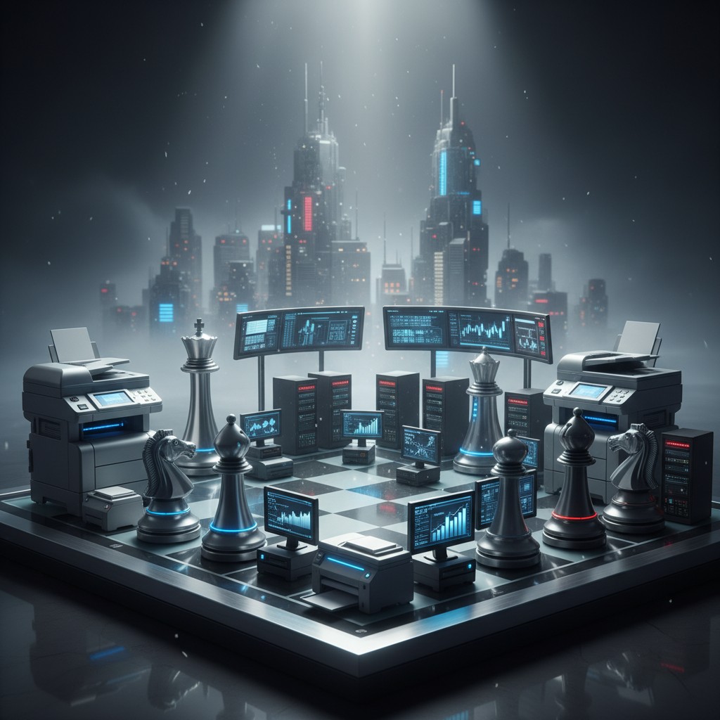 A chess board with miniature laser printers and monitors as pieces, representing the strategic battle between Adobe and its competitors