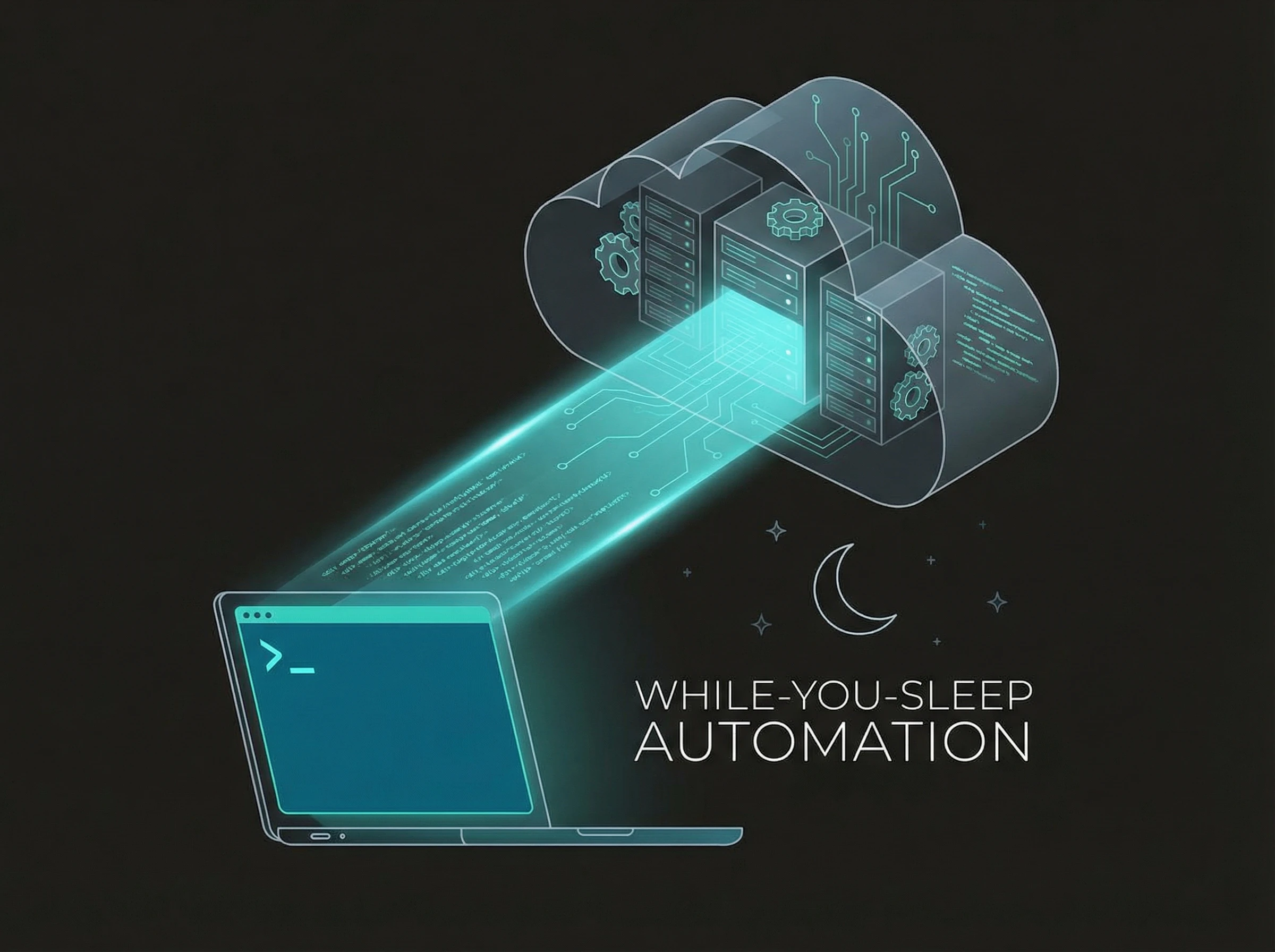 Laptop sending code to cloud servers under moonlight