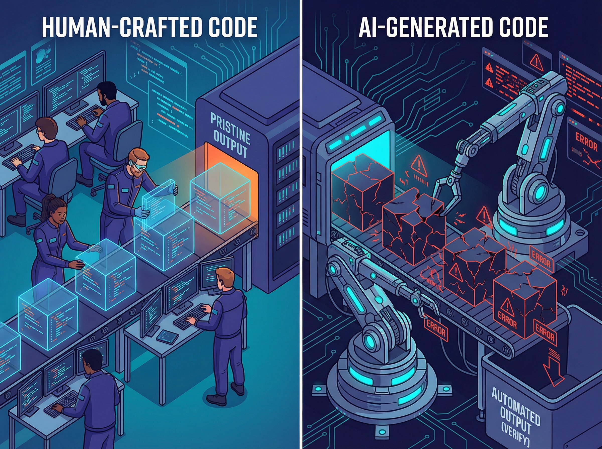 Two assembly lines: human-operated producing clean code, AI-operated producing cracked code with warning indicators