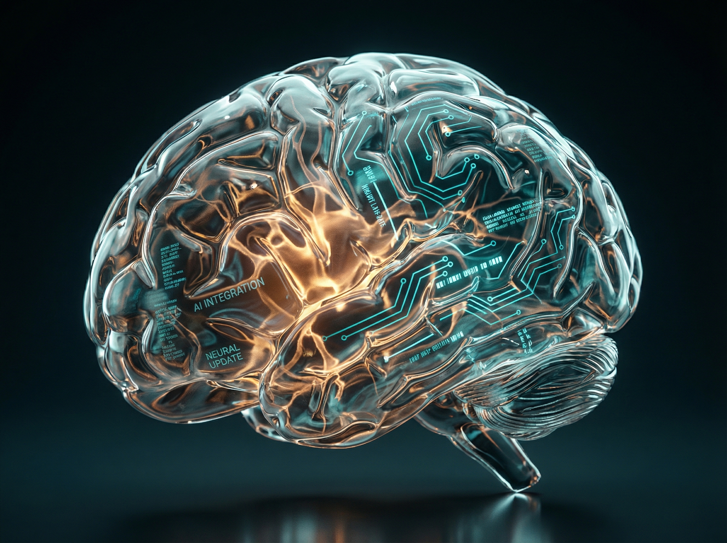A translucent glass brain with neural pathways dimming as bright AI circuits overlay and replace organic patterns