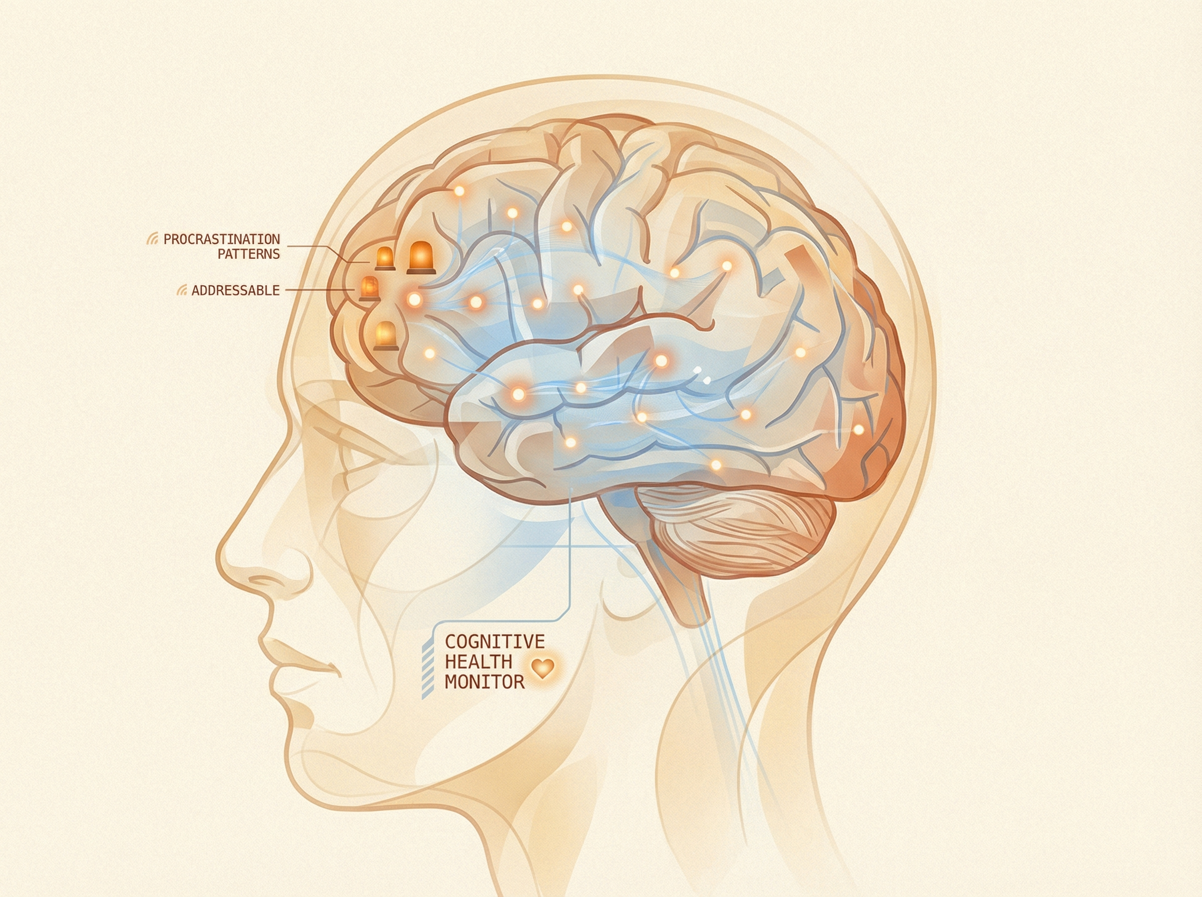 A stylized brain profile with subtle glowing diagnostic indicators
