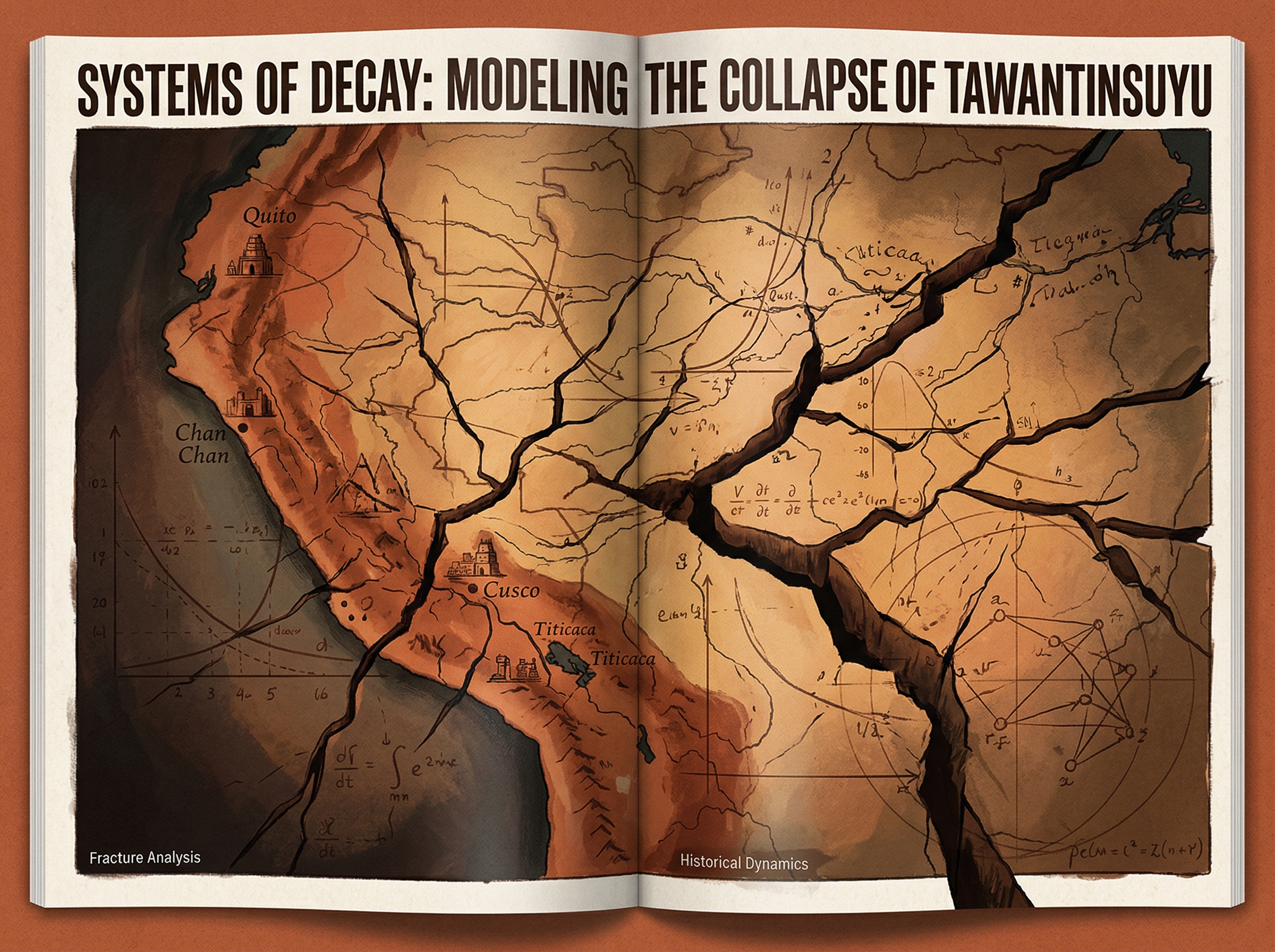 Fragmenting Inca empire map with mathematical curves overlaid suggesting systems modeling