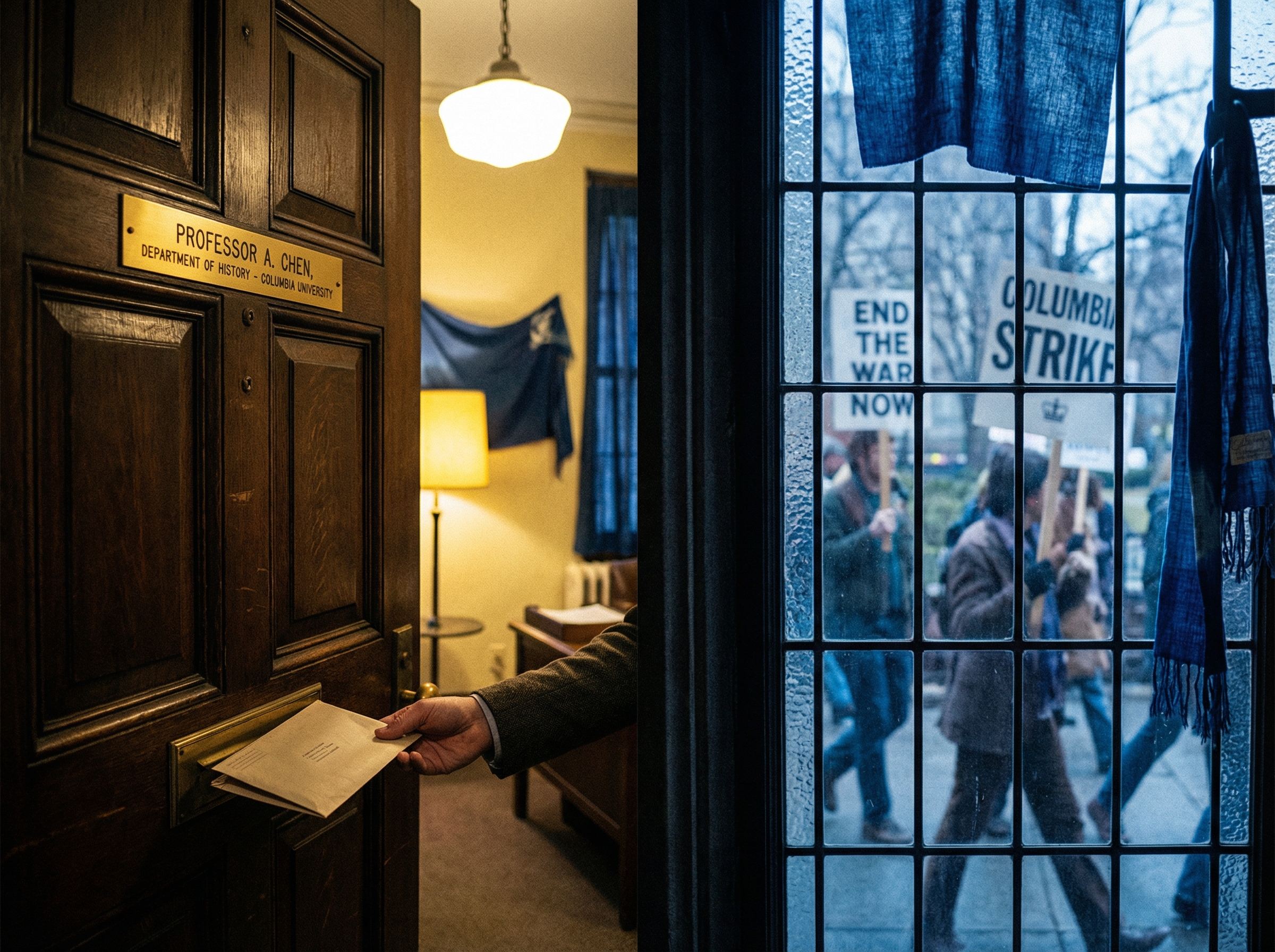 A professor's office door being shut from inside, a resignation letter sliding under it, with anti-Vietnam War protest visible through the window