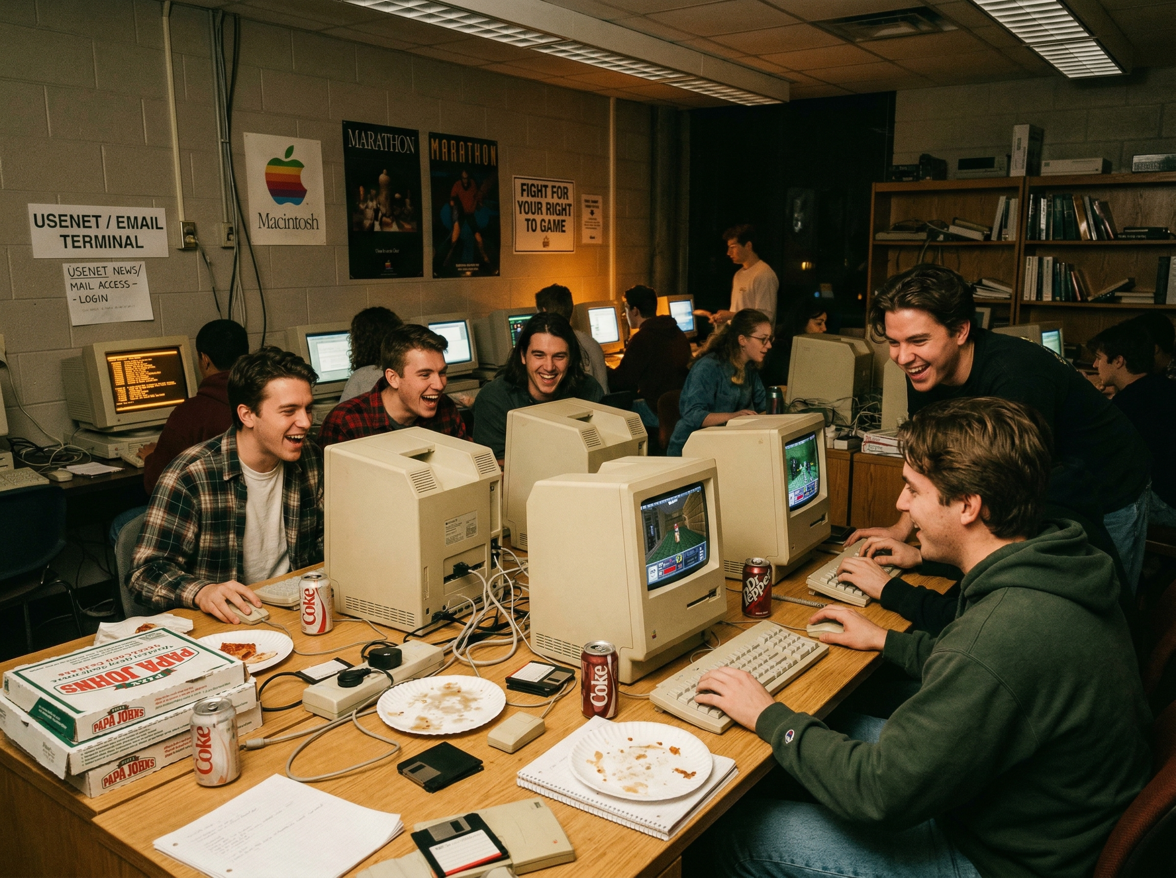 A bustling 1990s university computer lab at night with students gathered around Macintosh computers playing a networked game