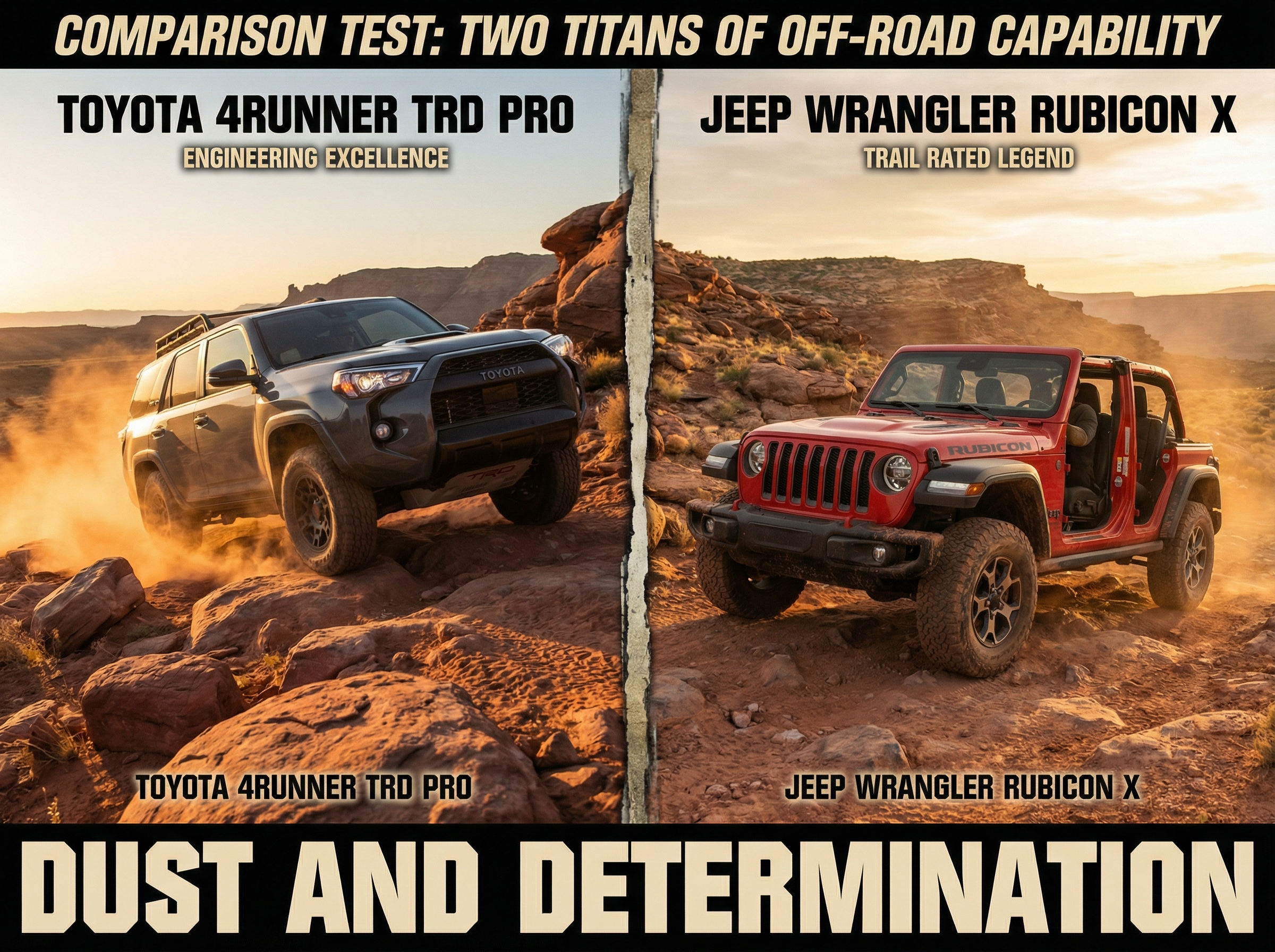 Toyota 4Runner TRD Pro and Jeep Wrangler Rubicon X facing off on rocky trail