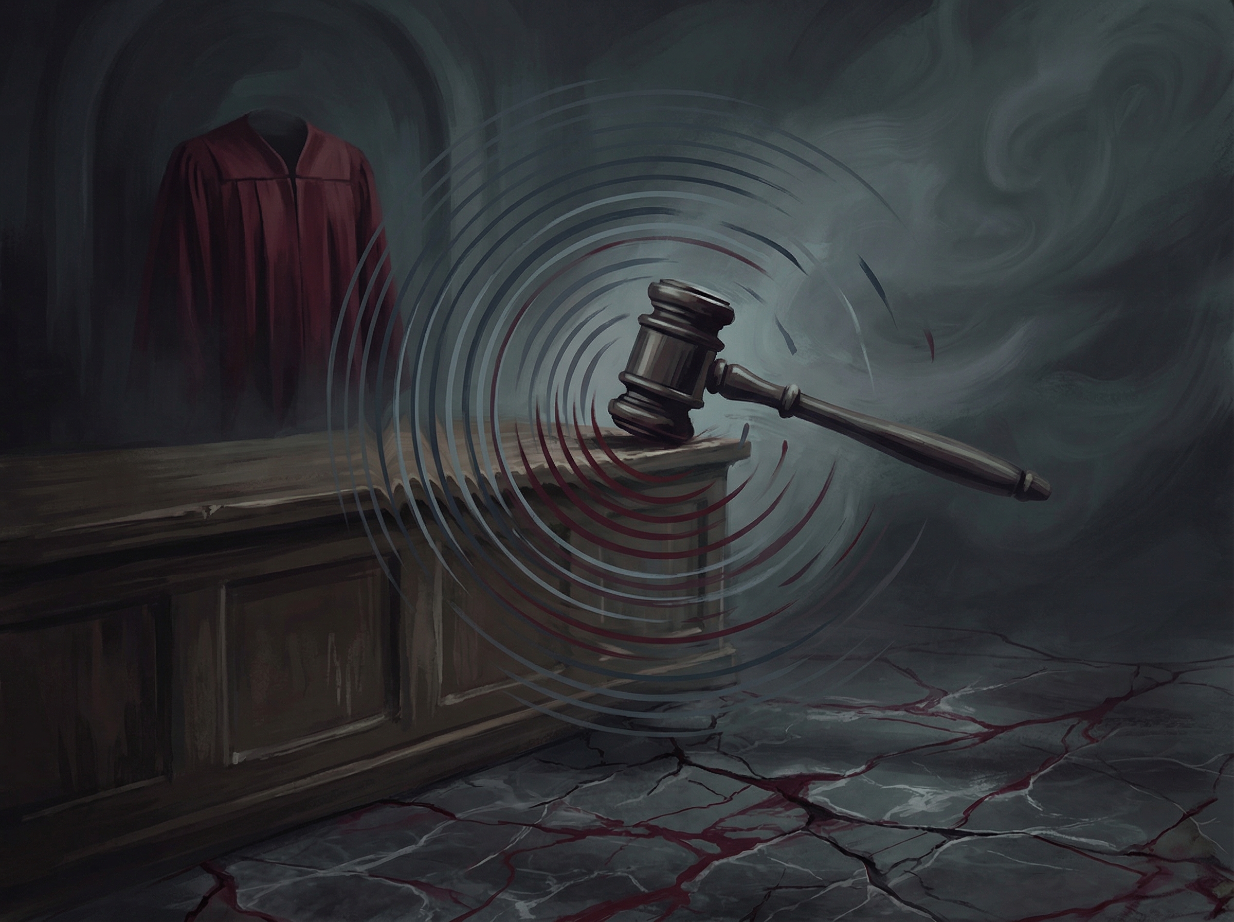 Judge's gavel striking an empty bench, waves dissipating into void