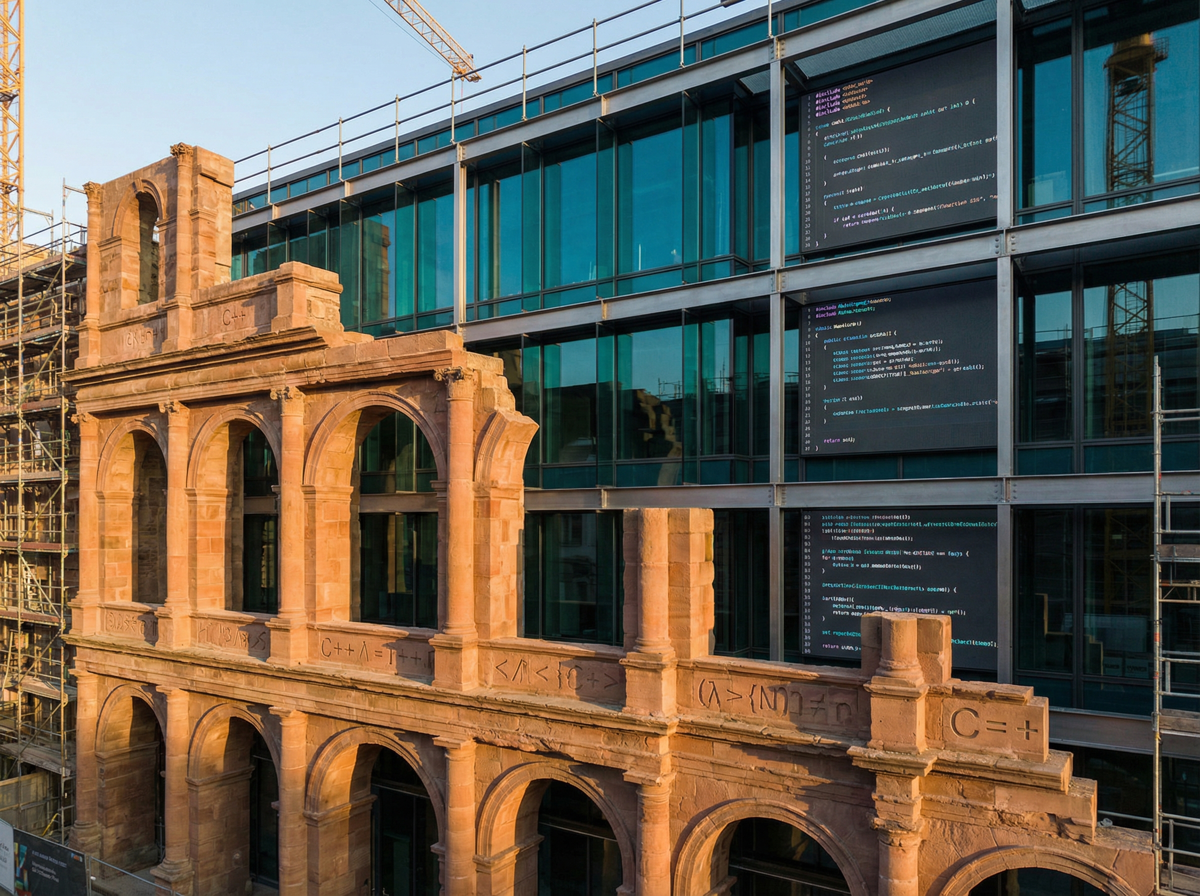 Ancient stone architecture transforming into modern glass and steel, C++ symbols morphing into modern code