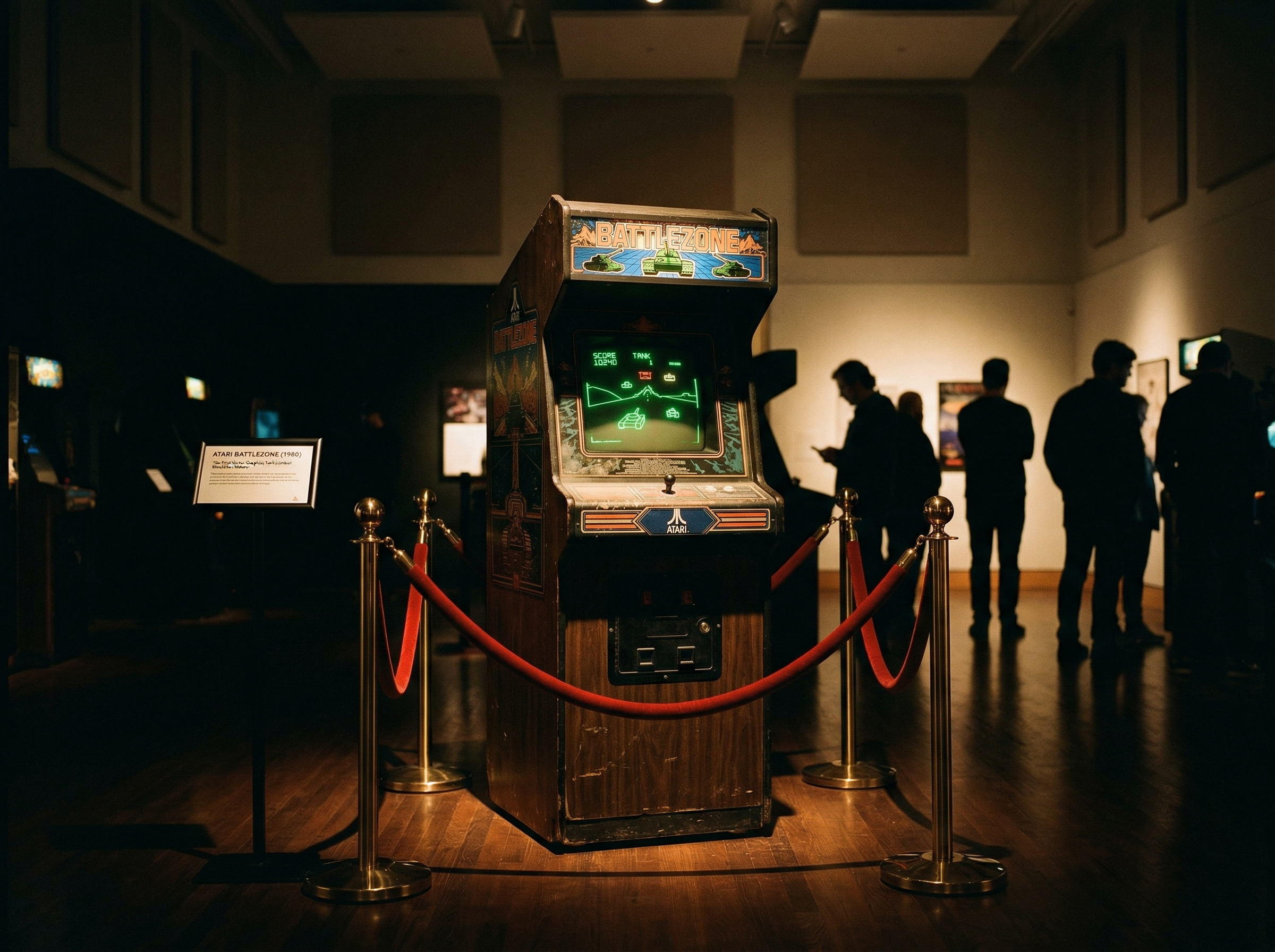 Battlezone arcade cabinet displayed as a museum exhibit under dramatic gallery spotlighting with velvet rope