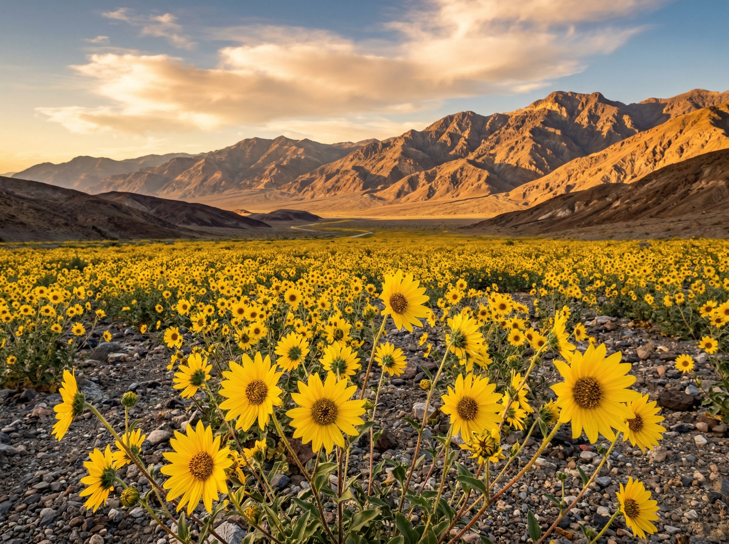 Death Valley desert floor carpeted with brilliant yellow wildflowers stretching to distant mountains