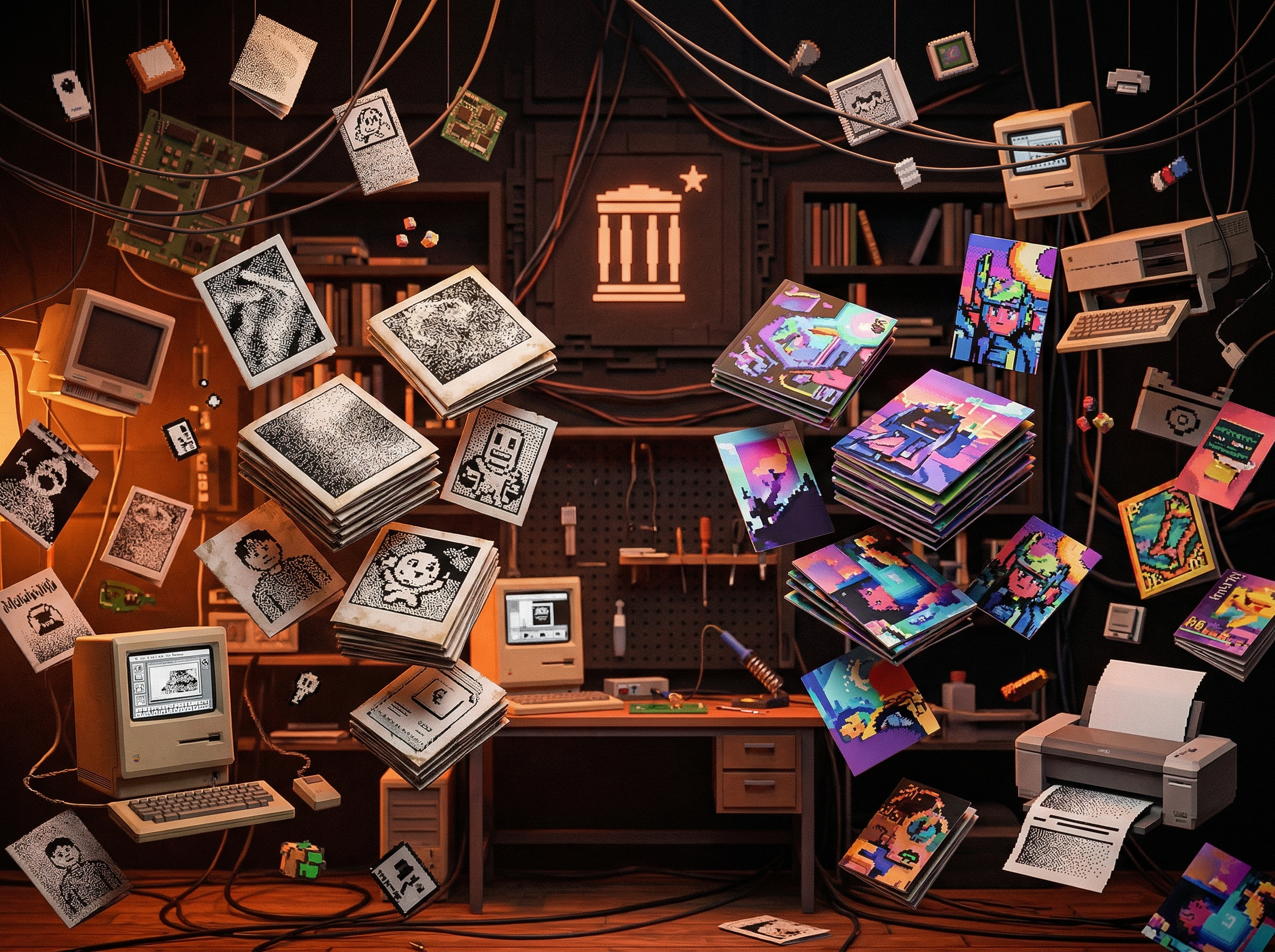 A retro ditherpunk pixel art workshop mixing classic Macintosh black-and-white resolution with modern color