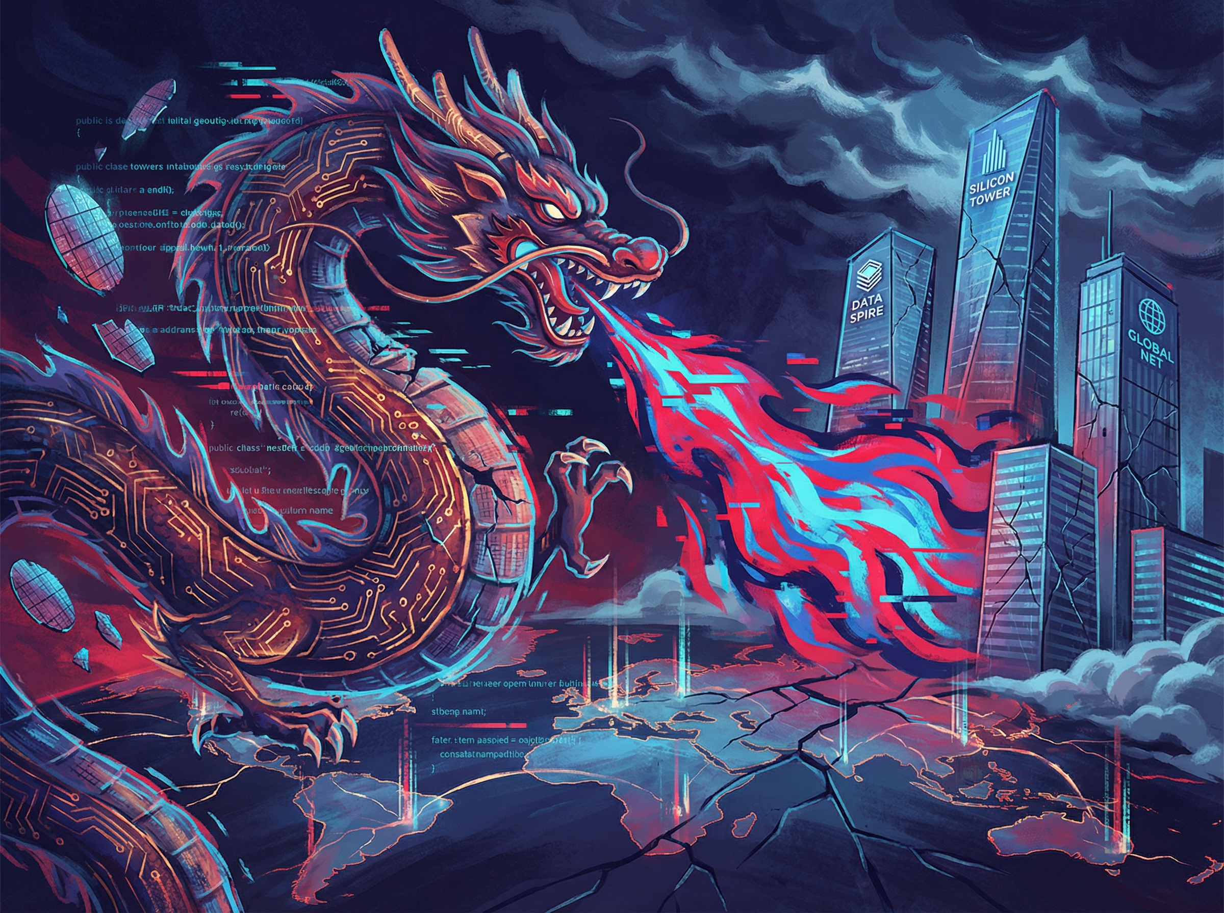 Chinese dragon made of code and semiconductor wafers