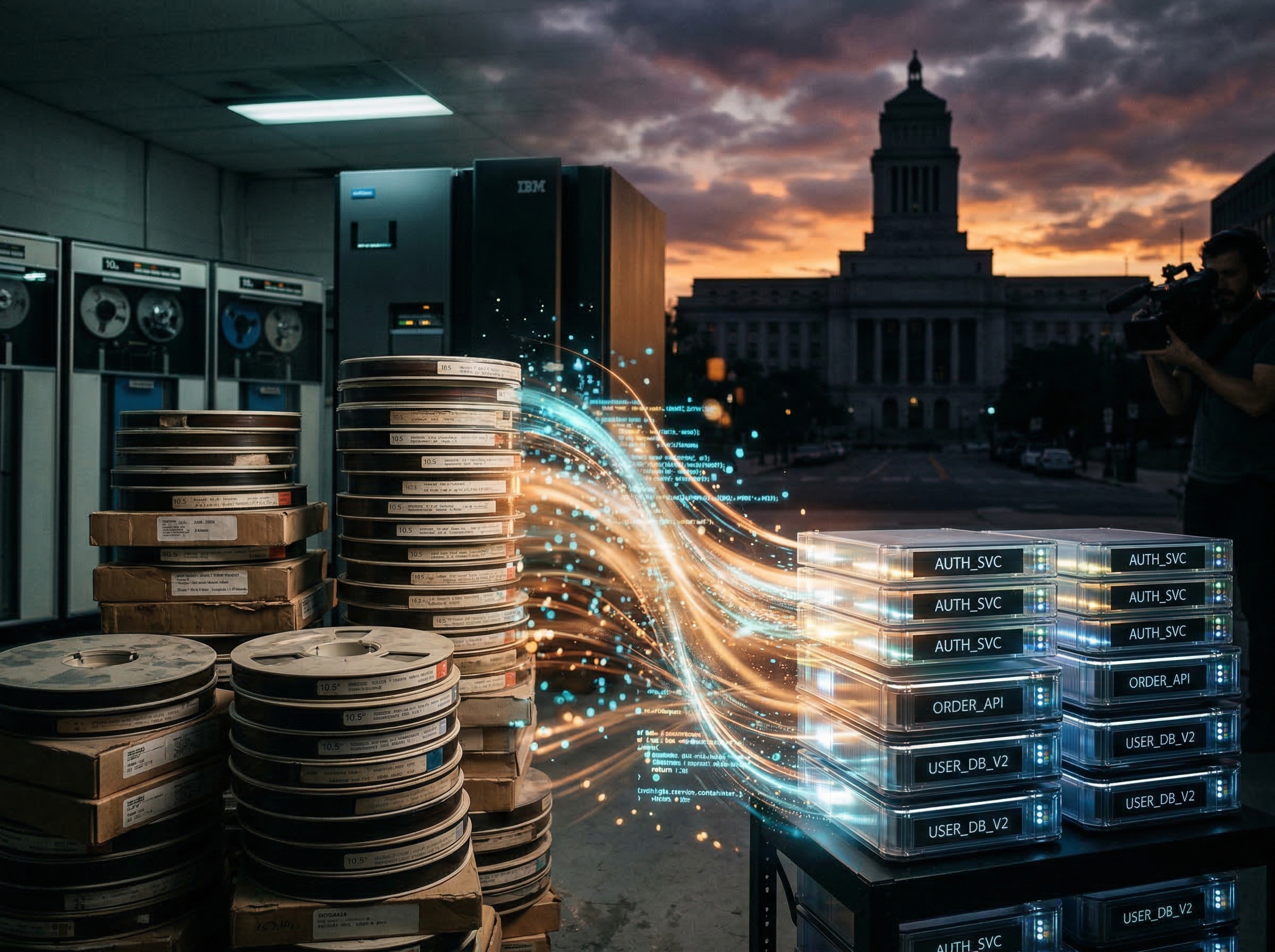 Vintage mainframe tape reels transforming into modern microservice containers