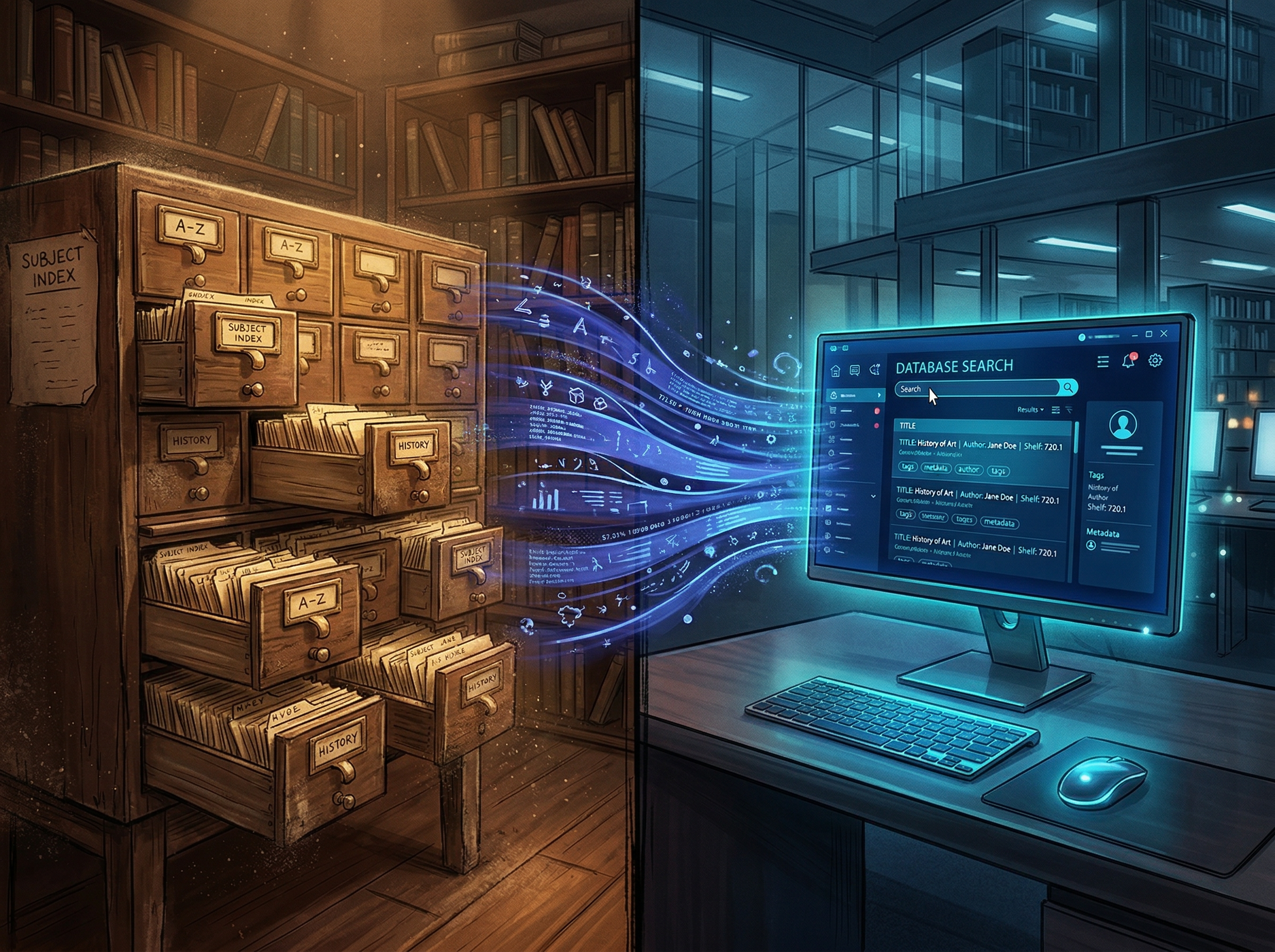 Split composition showing a vintage card catalog transforming into a modern database terminal