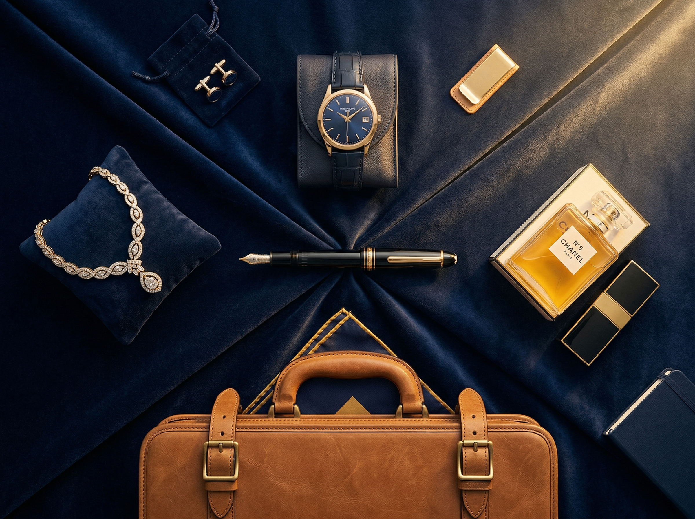 Elegant flat-lay of luxury goods radiating from a central fountain pen
